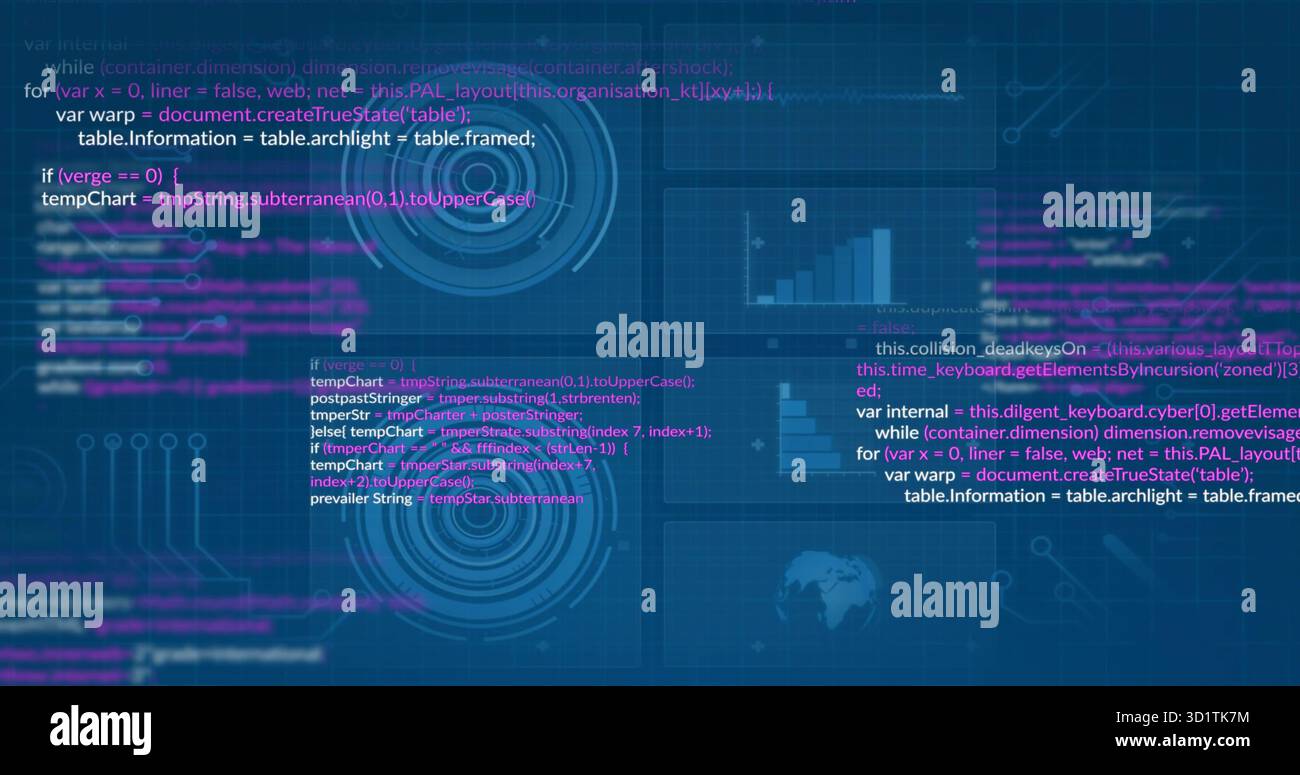 Displaying radar UI on futuristic dashboard grid, with floating code snippets, bar chart, map icon Stock Photo