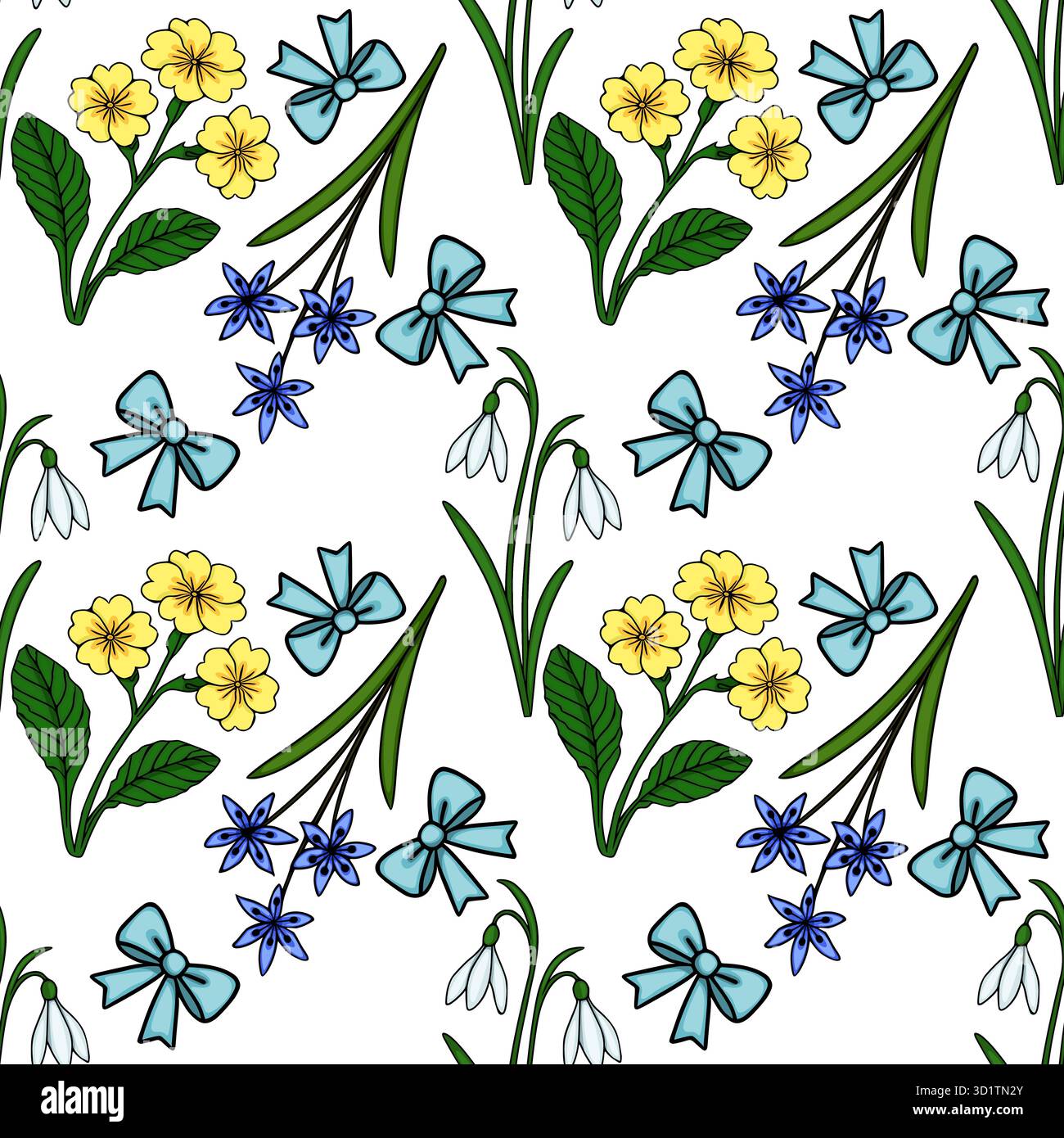 Charming vector pattern featuring delicate spring flowers, blue bows, and snowdrops on a white background. Stock Vector