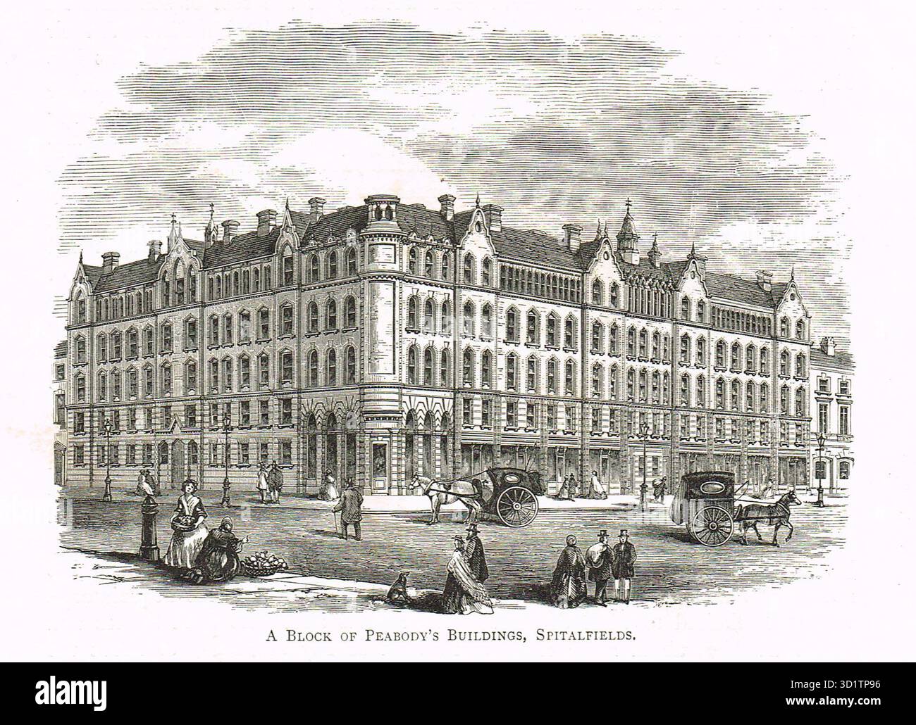 The first block of Peabody buildings in Commercial Street, Spitalfields. Pictured before the opening in 1864 Stock Photo