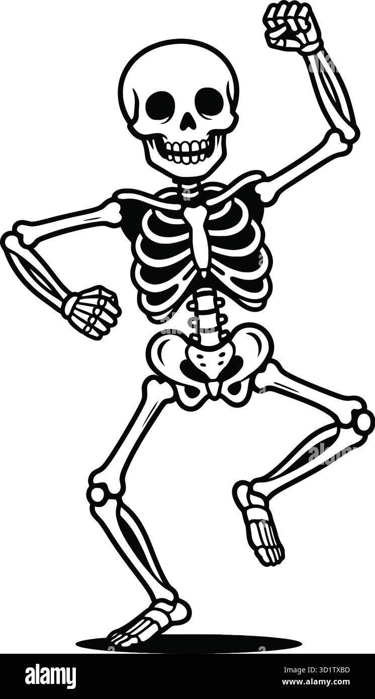 Cartoon skeleton dancing with raised arms and bent leg in playful pose for Halloween or Day of the Dead Stock Vector
