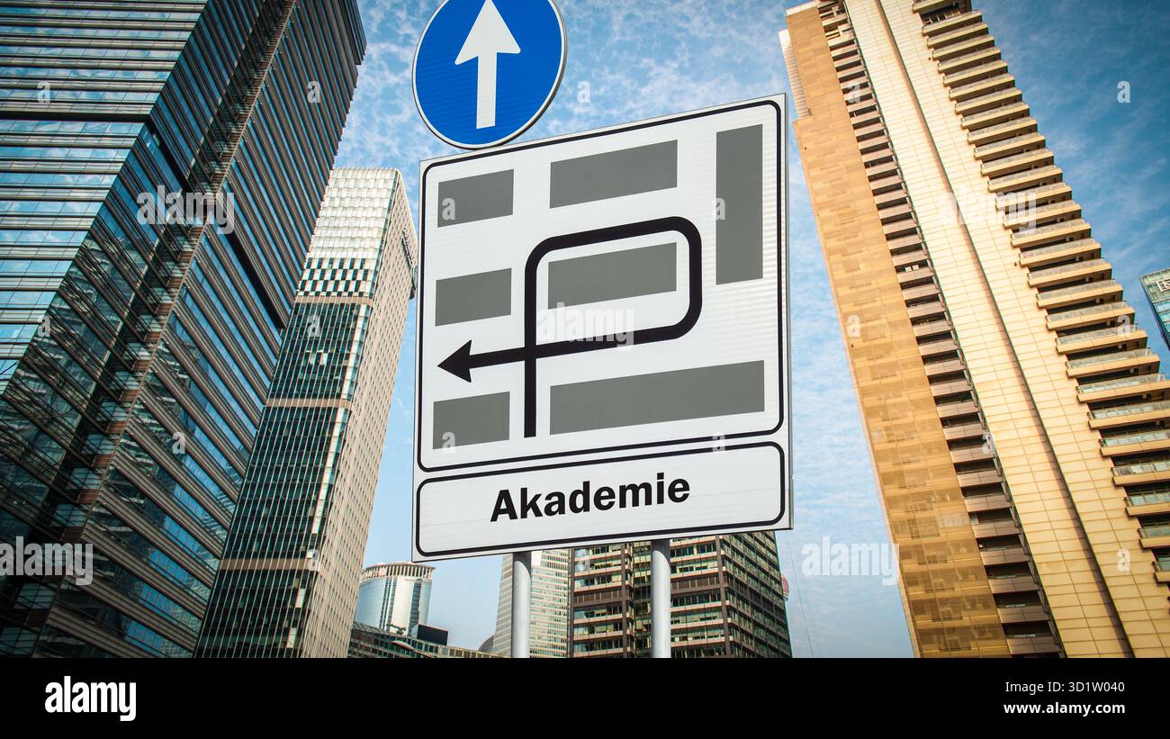 Signposts the direct way to Academy - Bildmontage Stock Photo - Alamy