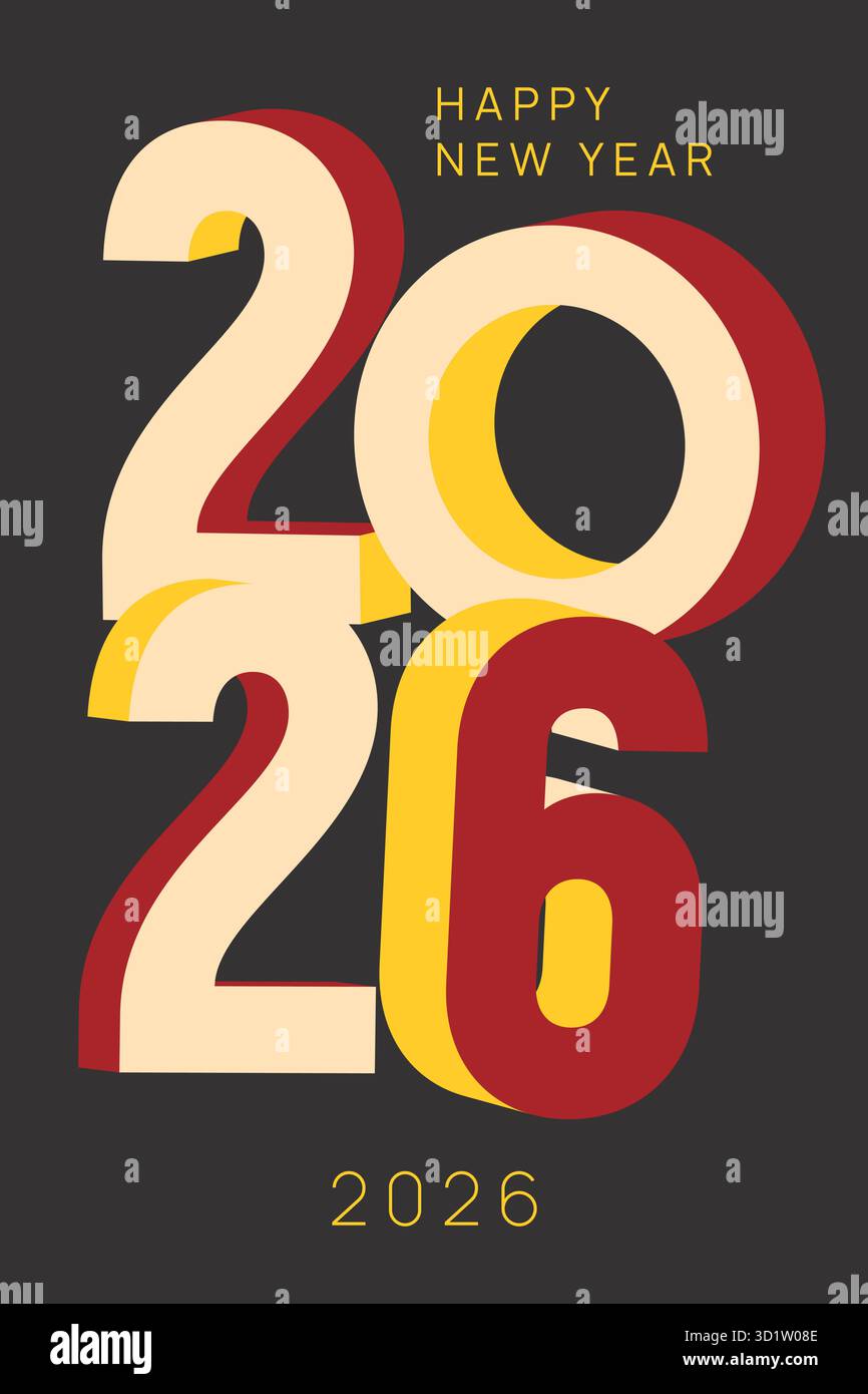 Happy New Year 2026 greeting – bold 3D typography in red, yellow, and cream on dark background Stock Vector