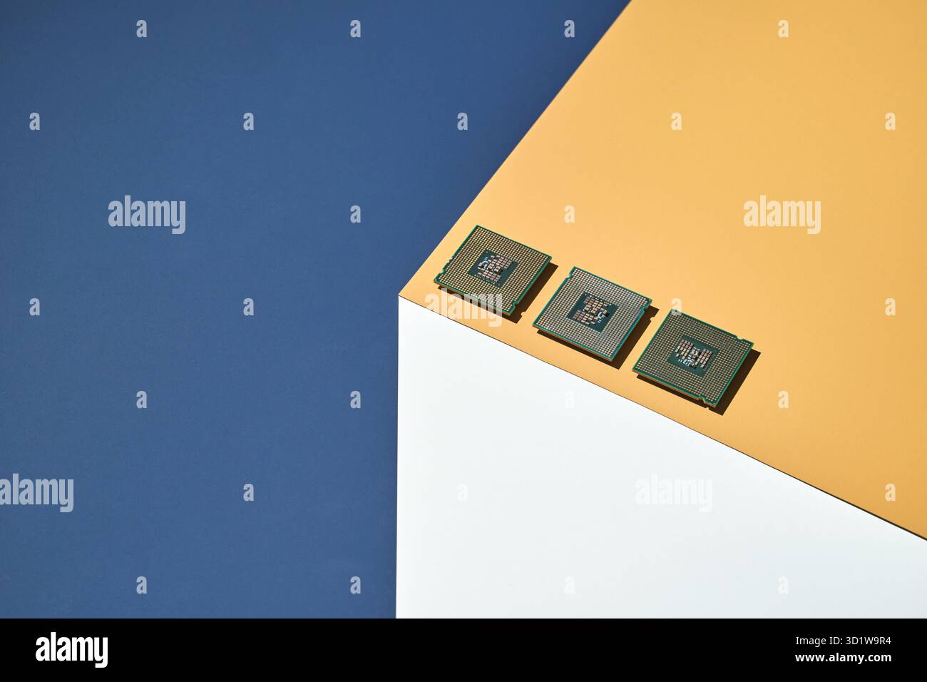 Isometry trendy cube concept. Computer cpu module. Yellow and blue. Retail shop Stock Photo