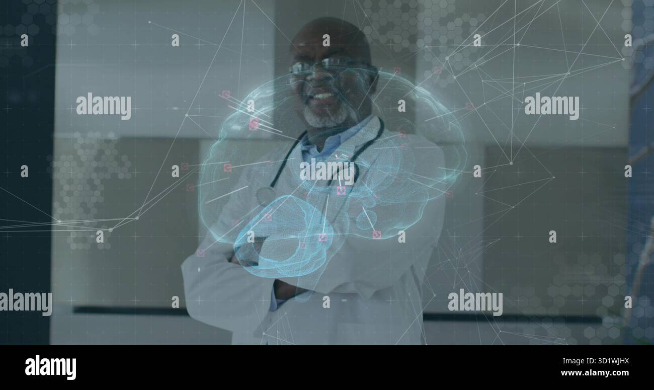 Standing senior doctor in lab coat projecting holographic brain in hall with stethoscope, overlay Stock Photo