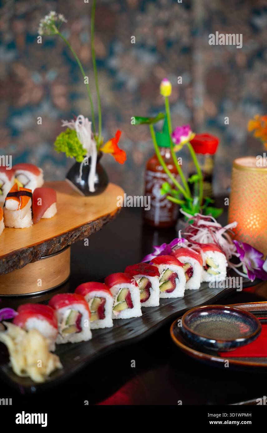 Assorted Sushi Nigiri on Wooden Platter Stock Photo