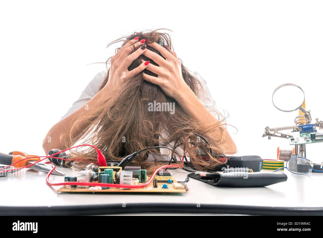 Woman Repairing Computer Part, Problems Concept Stock Photo