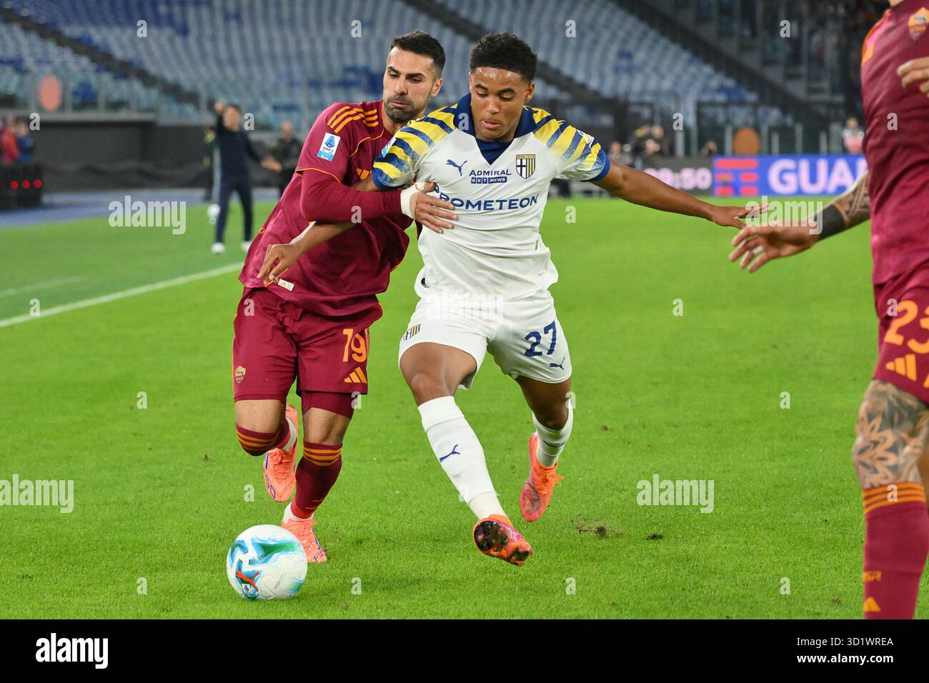 Olimpico Stadium, Rome, Italy - Zeki Celik of AS Roma under pressure ...