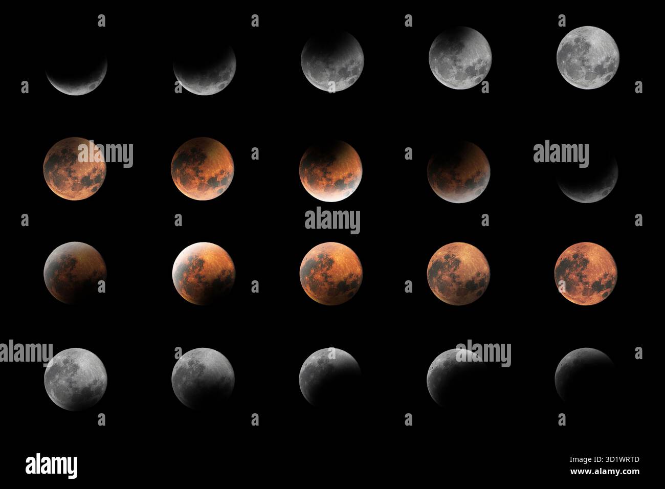 Lunar Eclipse Phases, Blood moon, Composite Lunar Eclipse Stock Photo