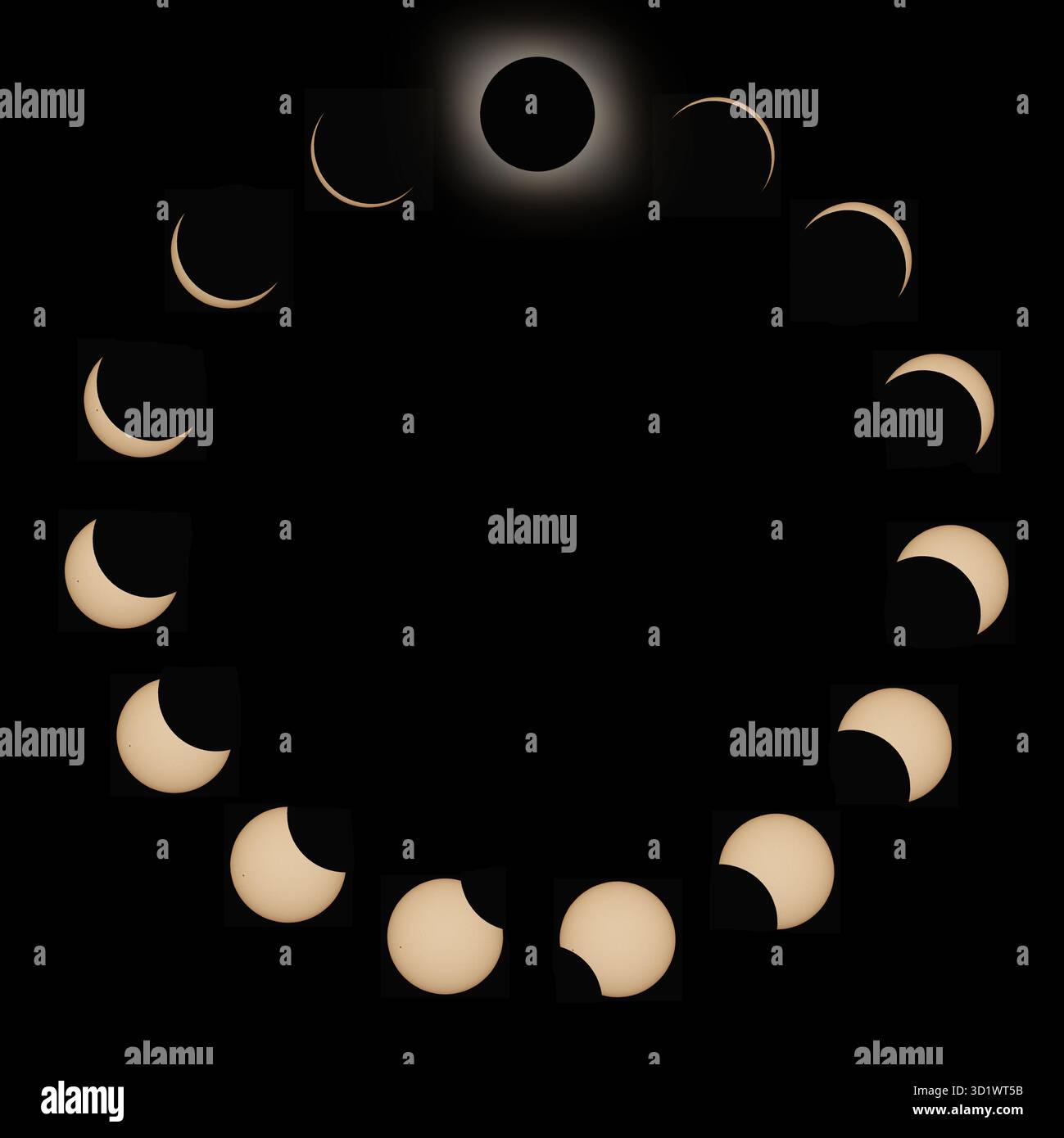 Total Solar Eclipse phases. Composite Solar Eclipse. Stock Photo