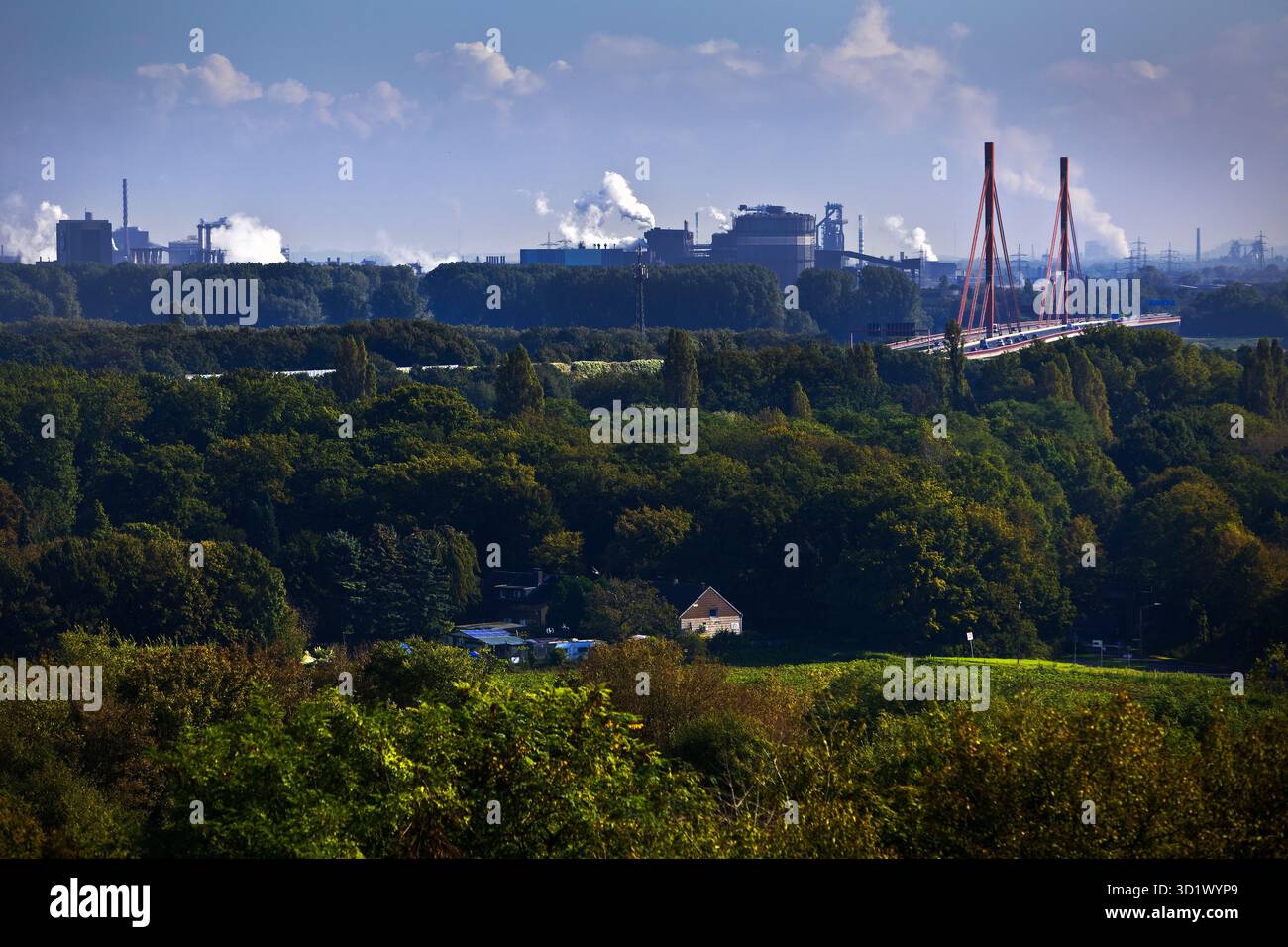 View of the ThyssenKrupp plant with the A 42 in Duisburg, Ruhr area, Germany, Europe Stock Photo