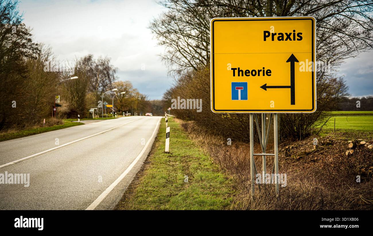 Signposts the direct way to practice versus theory - Bildmontage Stock ...