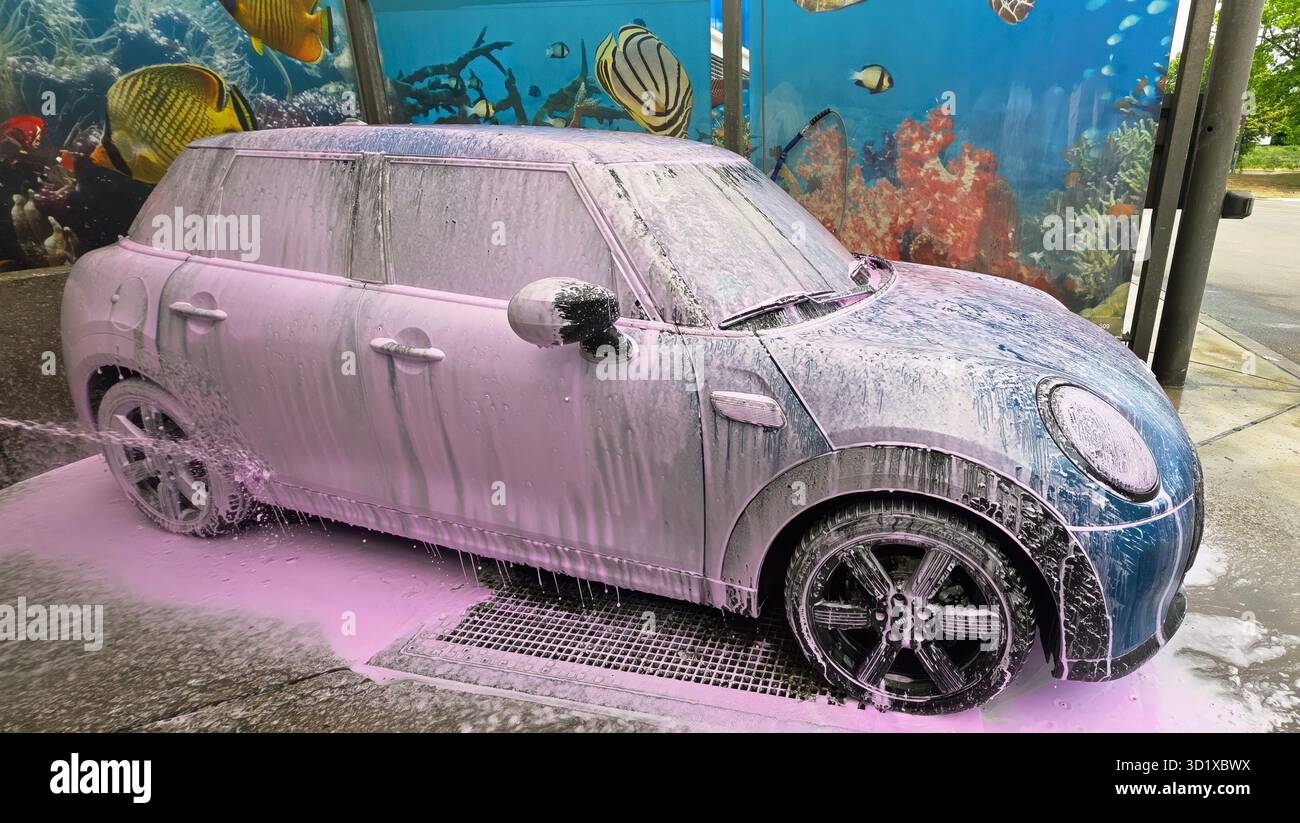Berlin, Germany - May 18, 2025: Mini Cooper is covered in pink foam at a car wash with an aquatic backdrop. - Smartphone Captured Stock Image