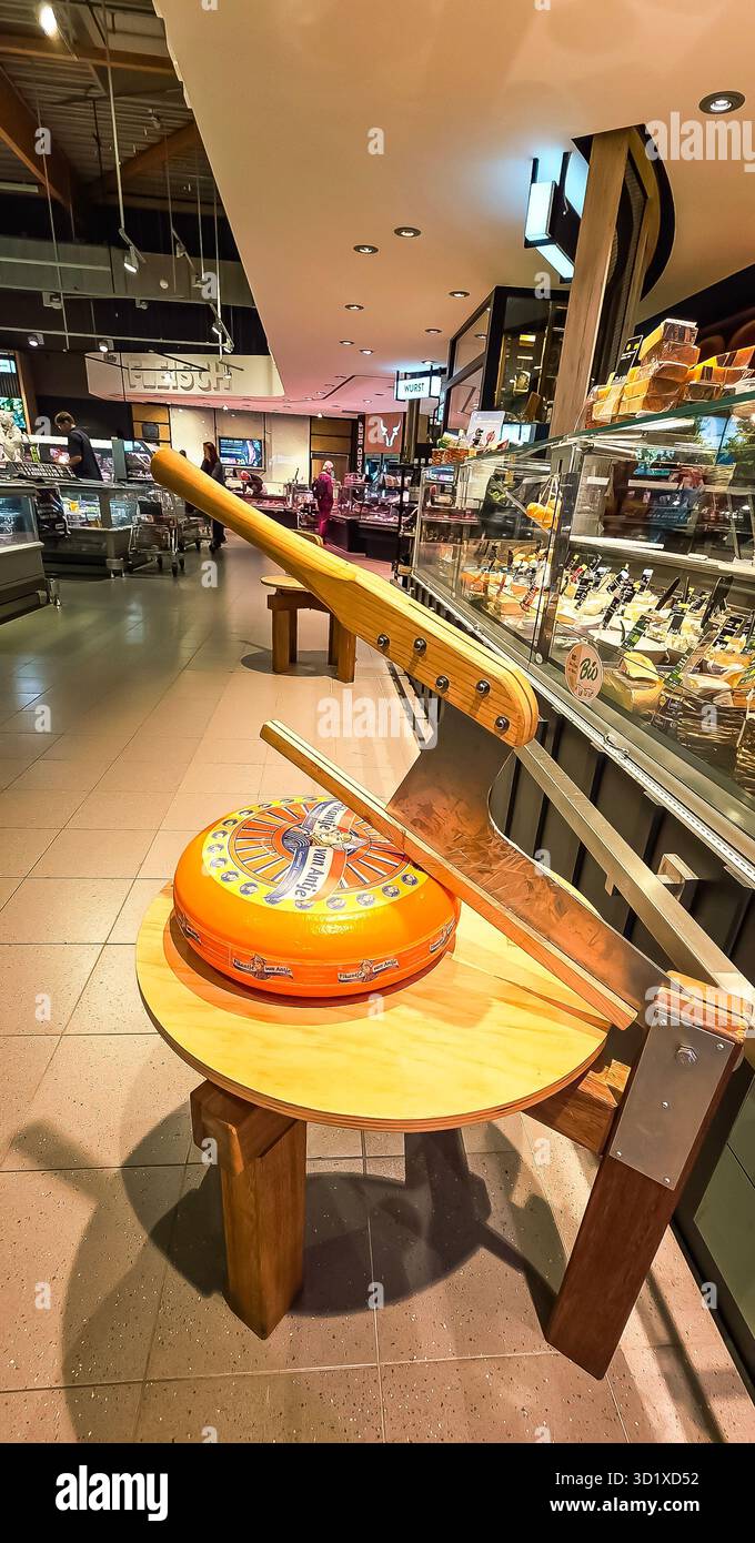 Berlin, Germany - June 07, 2025: Large cheese cutter showcases an orange cheese wheel in a contemporary market setting. - Smartphone Captured Stock Image
