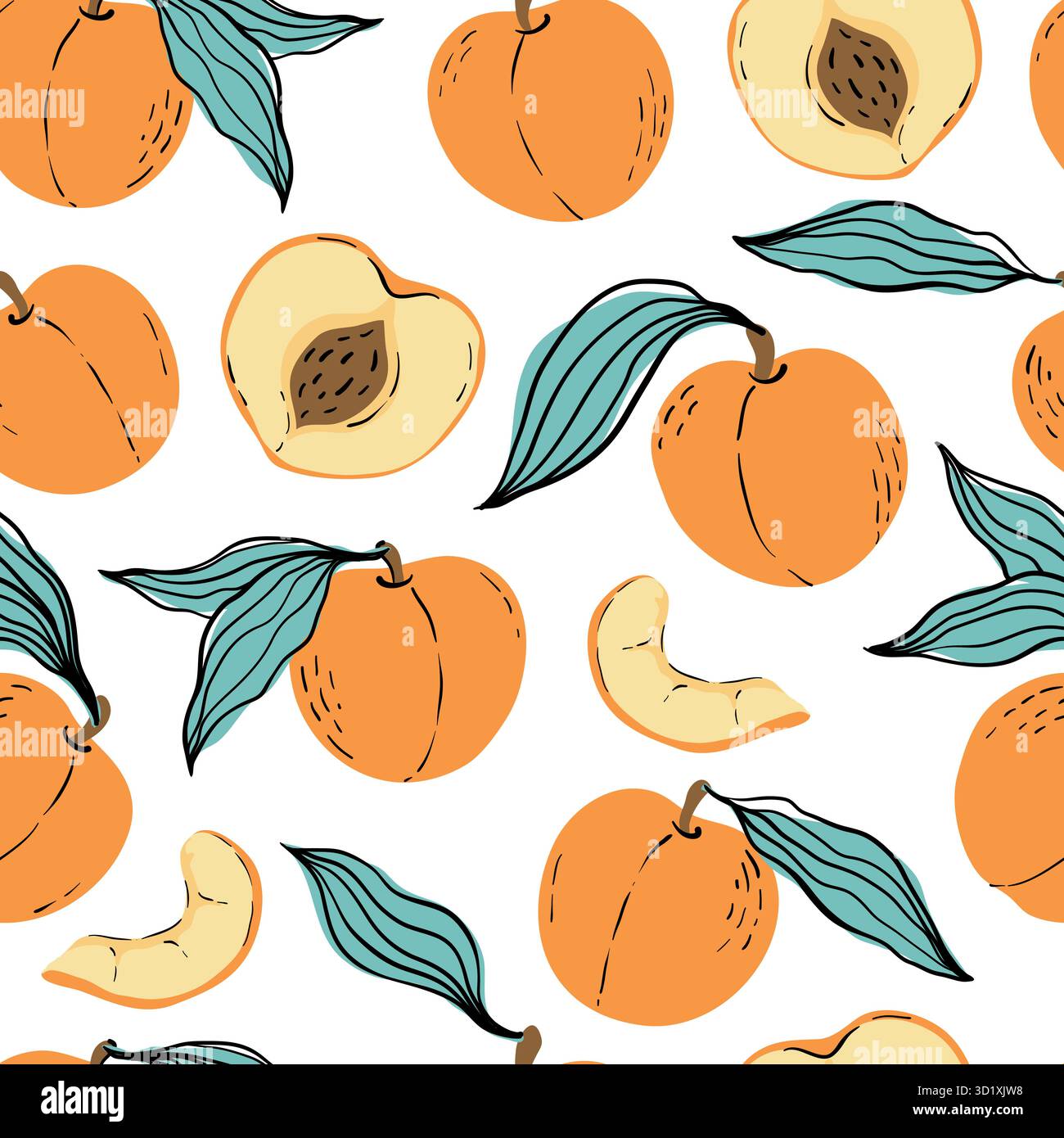 Seamless pattern with orange peaches and peach slices. Hand drawn ...