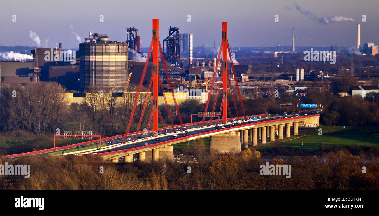 View of the ThyssenKrupp plant with the A 42 in Duisburg, Ruhr area, Germany, Europe Stock Photo