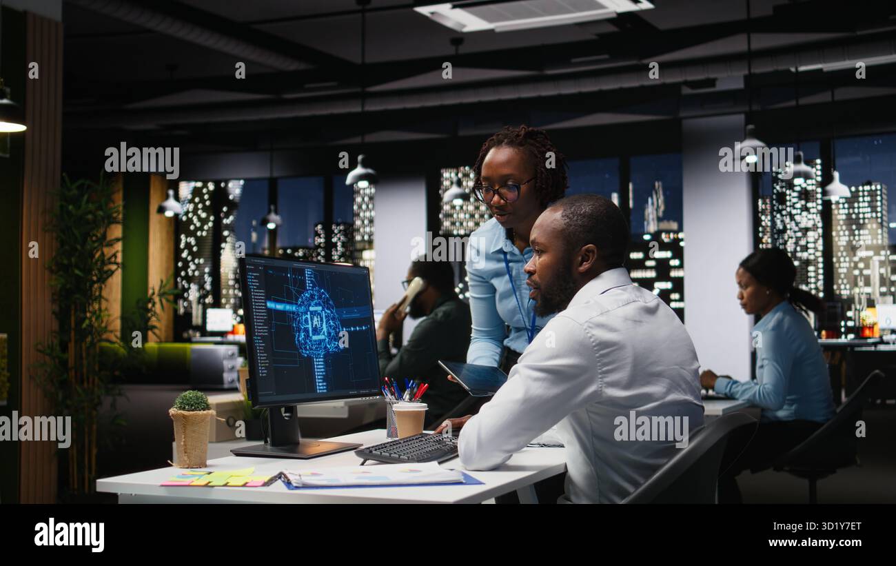 Business team of experts use AI big data and predictive analytics, checking smart work solutions and cloud computing for adaptive strategies. Artificial intelligence engineering algorithms. Stock Photo