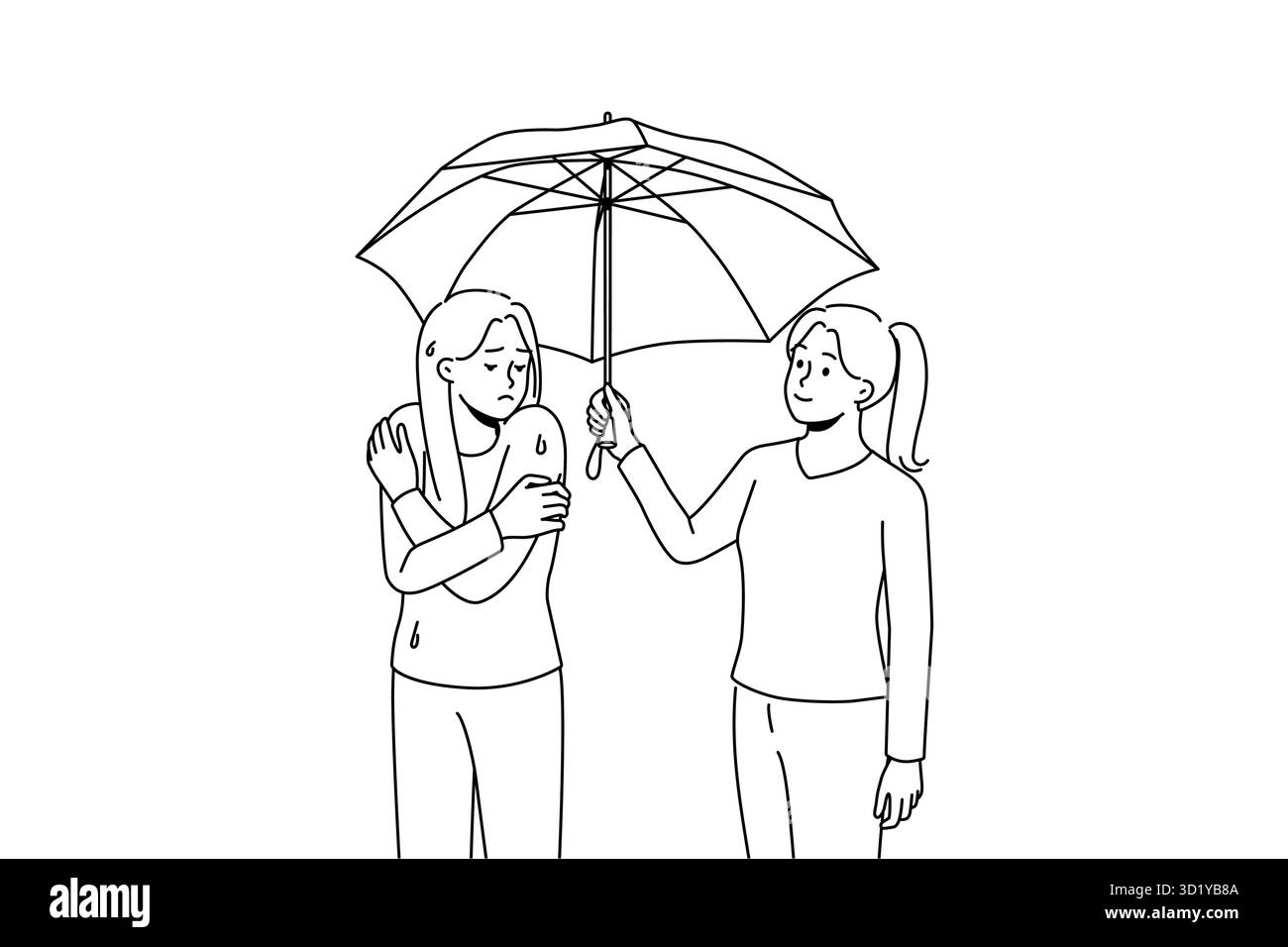 Happy caring woman help unhappy wet friend share umbrella. Smiling attentive female show support to upset girl on rain on street. Vector illustration. Stock Photo