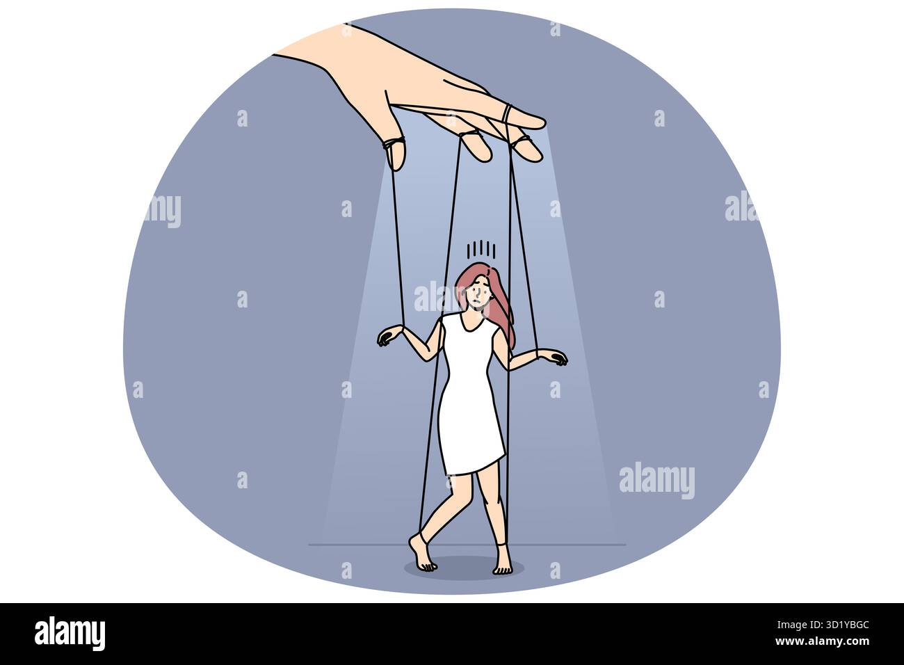 Character Manipulation Person holding woman as puppet doll on ropes. Puppeteer control ...