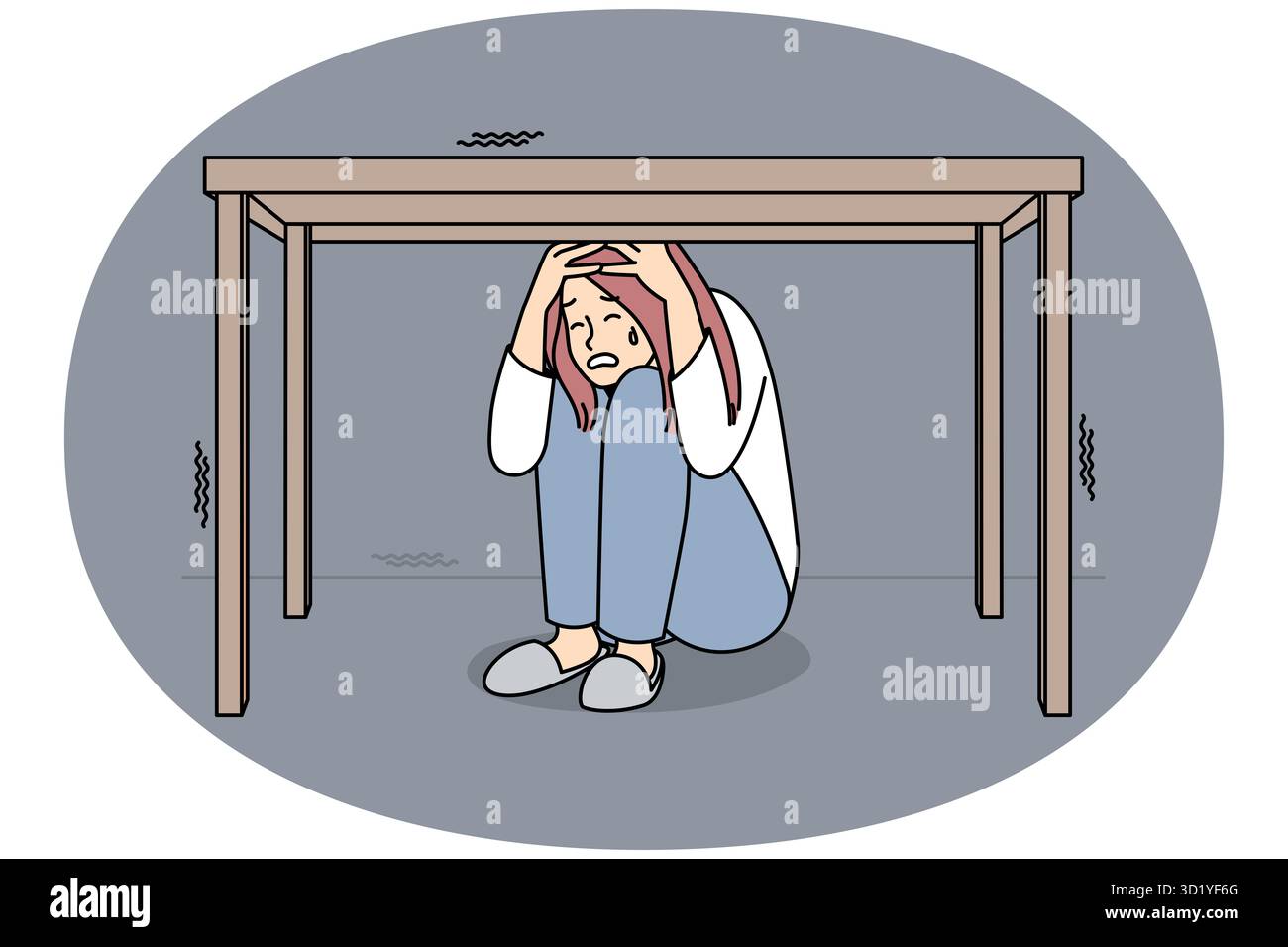 Unhappy woman feel scared and terrifies hide under table. Stressed ...