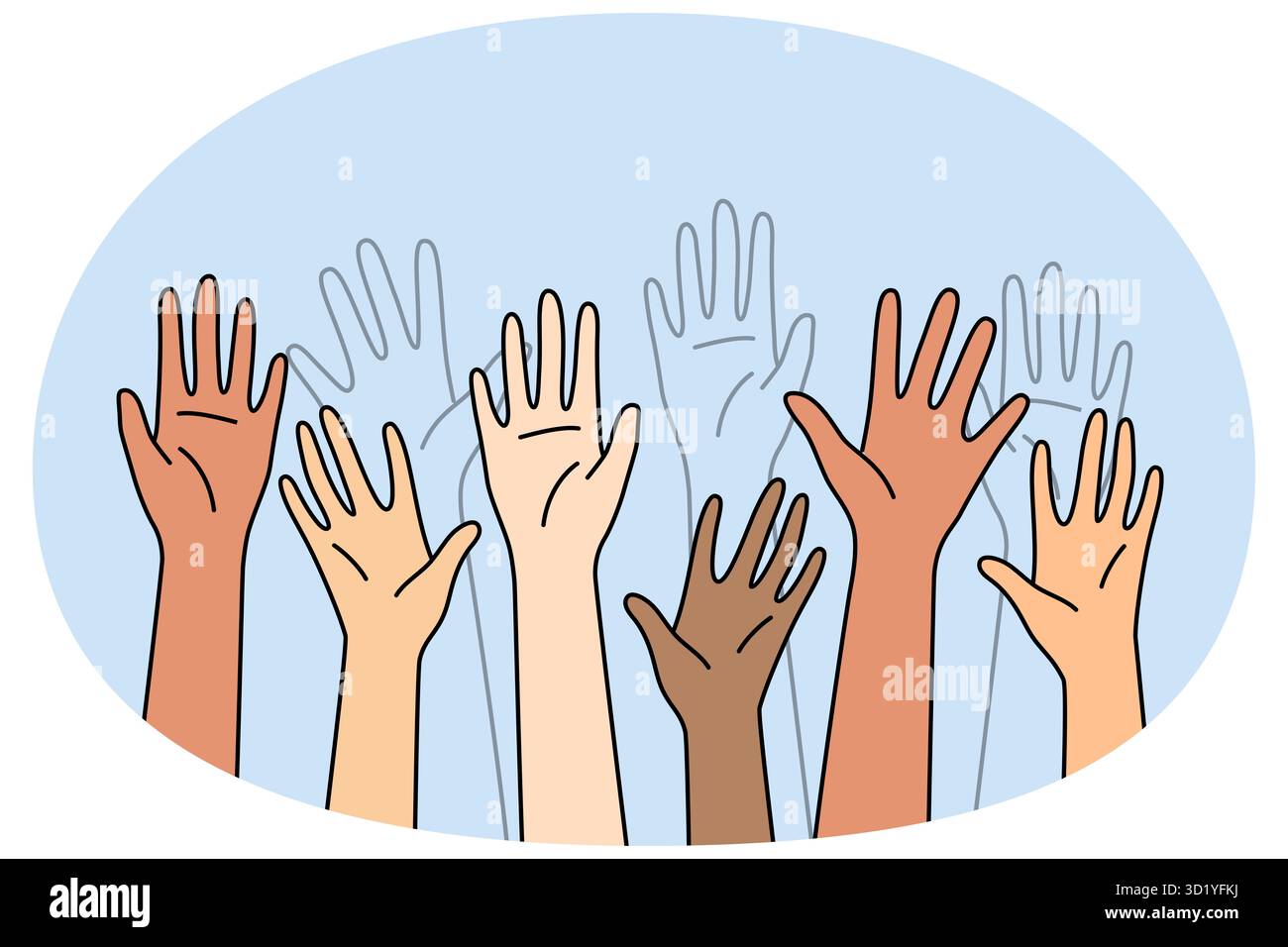 Closeup of multiracial hands raise up in air. Diverse interracial ...