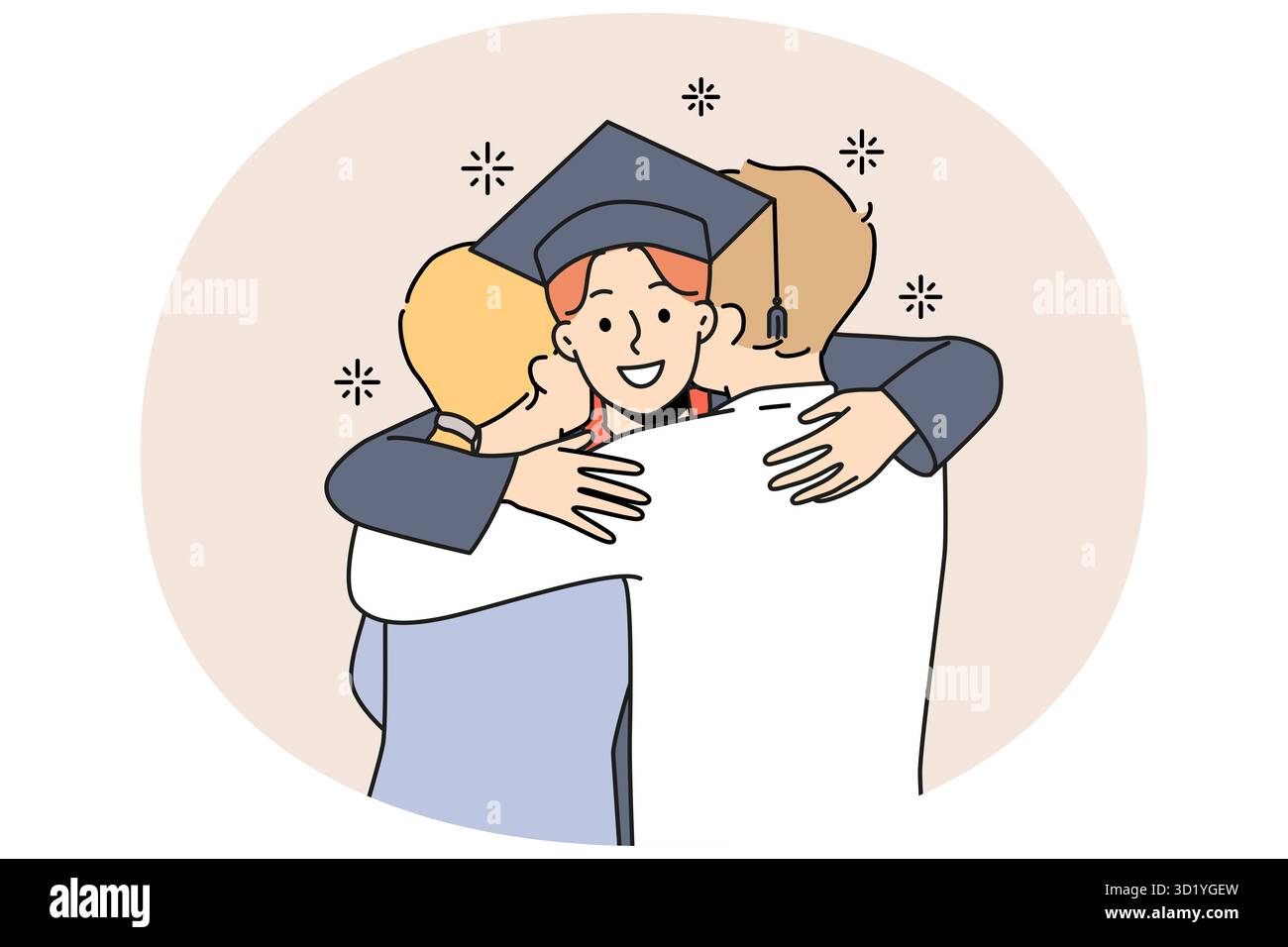 Smiling student in graduation robe and hat hug excited parents greeting at university. Happy mother and father embrace congratulate male graduate. Vec Stock Photo