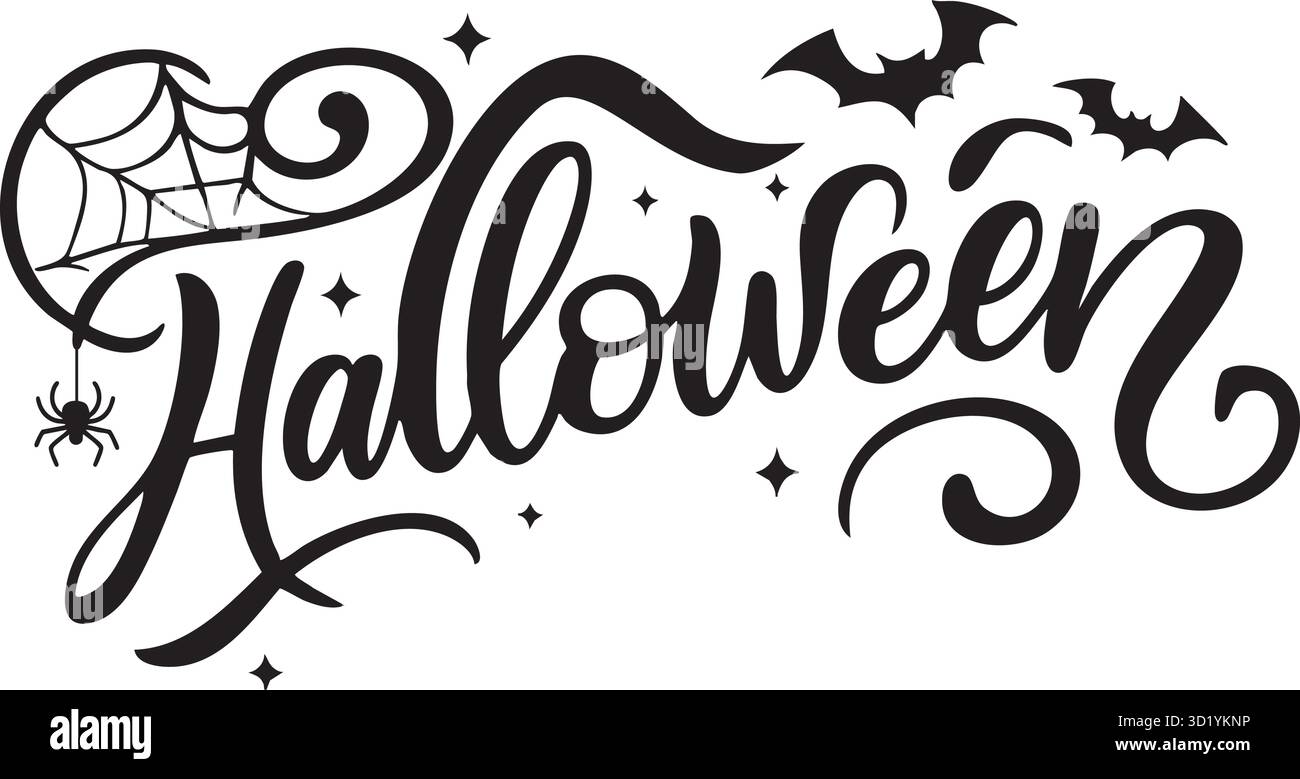 Hand-Lettered Halloween Script Typography with Spider Web, Spider, and ...