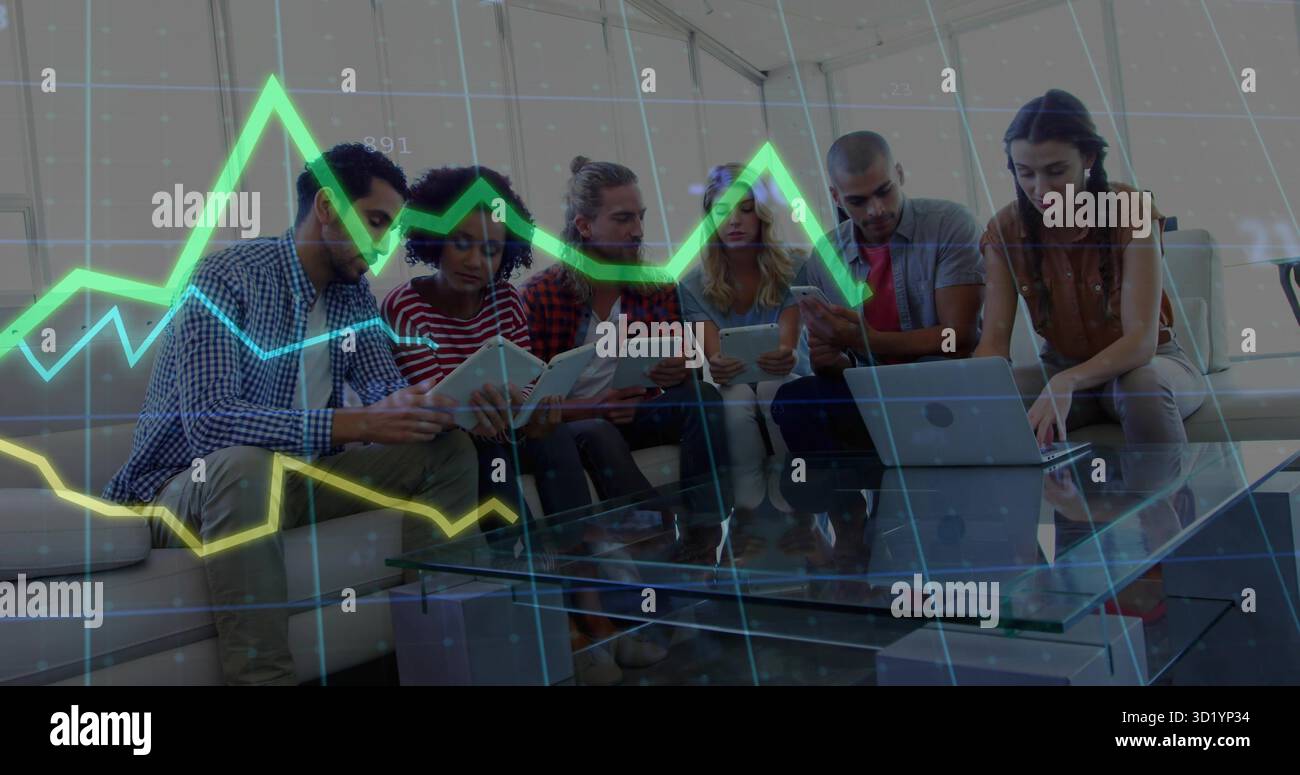 Analyzing data, six professionals using digital devices on sofa in office lounge, with neon graphs Stock Photo