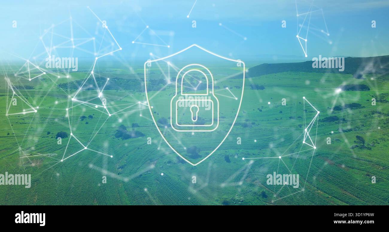 Hovering white digital shield icon securing rolling green fields under network nodes, lines overlay Stock Photo