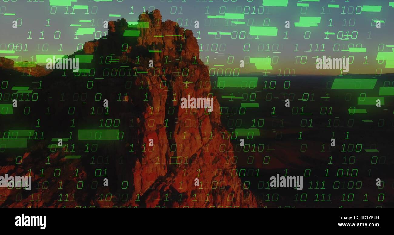 Dominating red-brown sandstone mesa rising atop desert plain, showing green binary code overlay Stock Photo