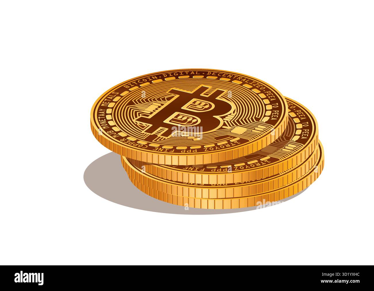 Stacked Bitcoin coins representing digital currency and decentralized finance concept with intricate design. Stock Vector