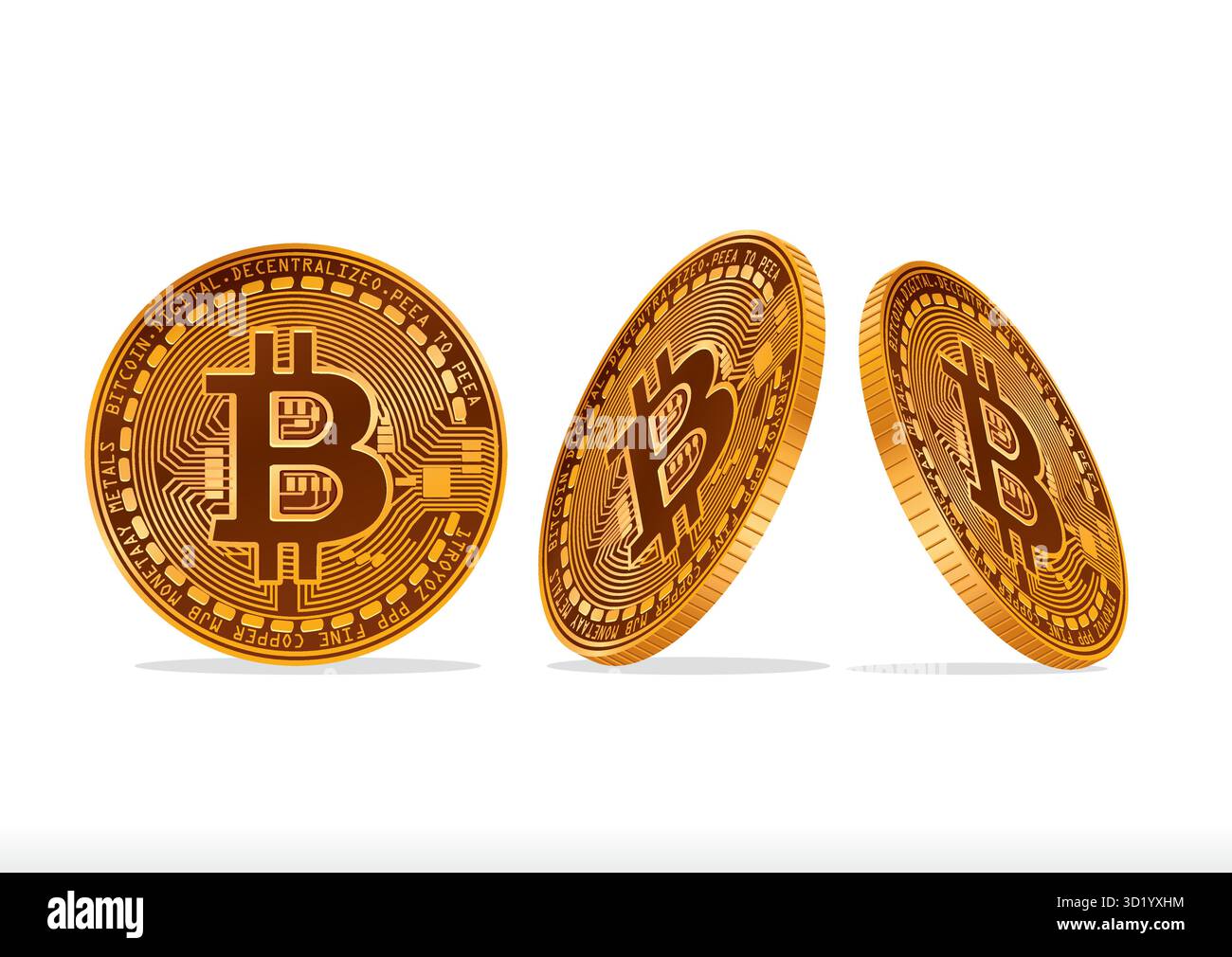 Three Bitcoin coins positioned at various angles showcasing digital currency design and secure financial transactions on a clean background. Stock Vector