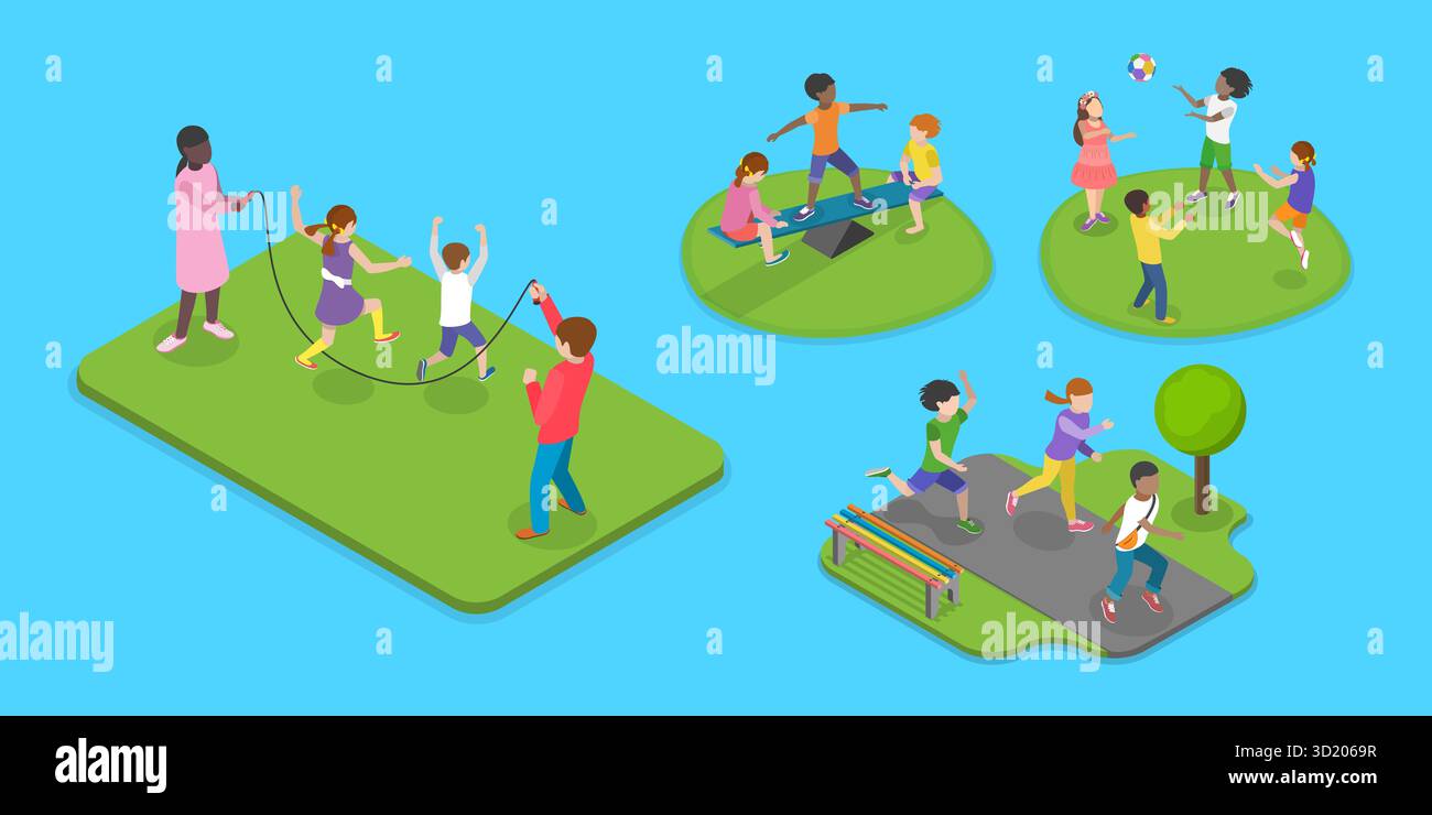 3D Isometric Flat Illustration of Children Playing Outside, Active ...