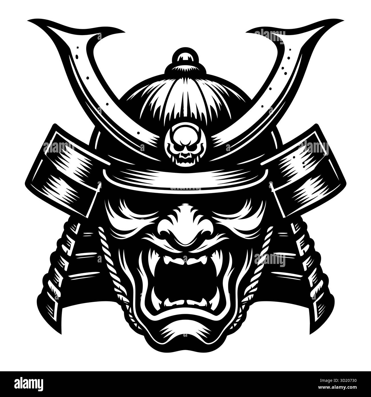 Screaming Samurai Skull in Kabuto Helmet vector illustration featuring ...