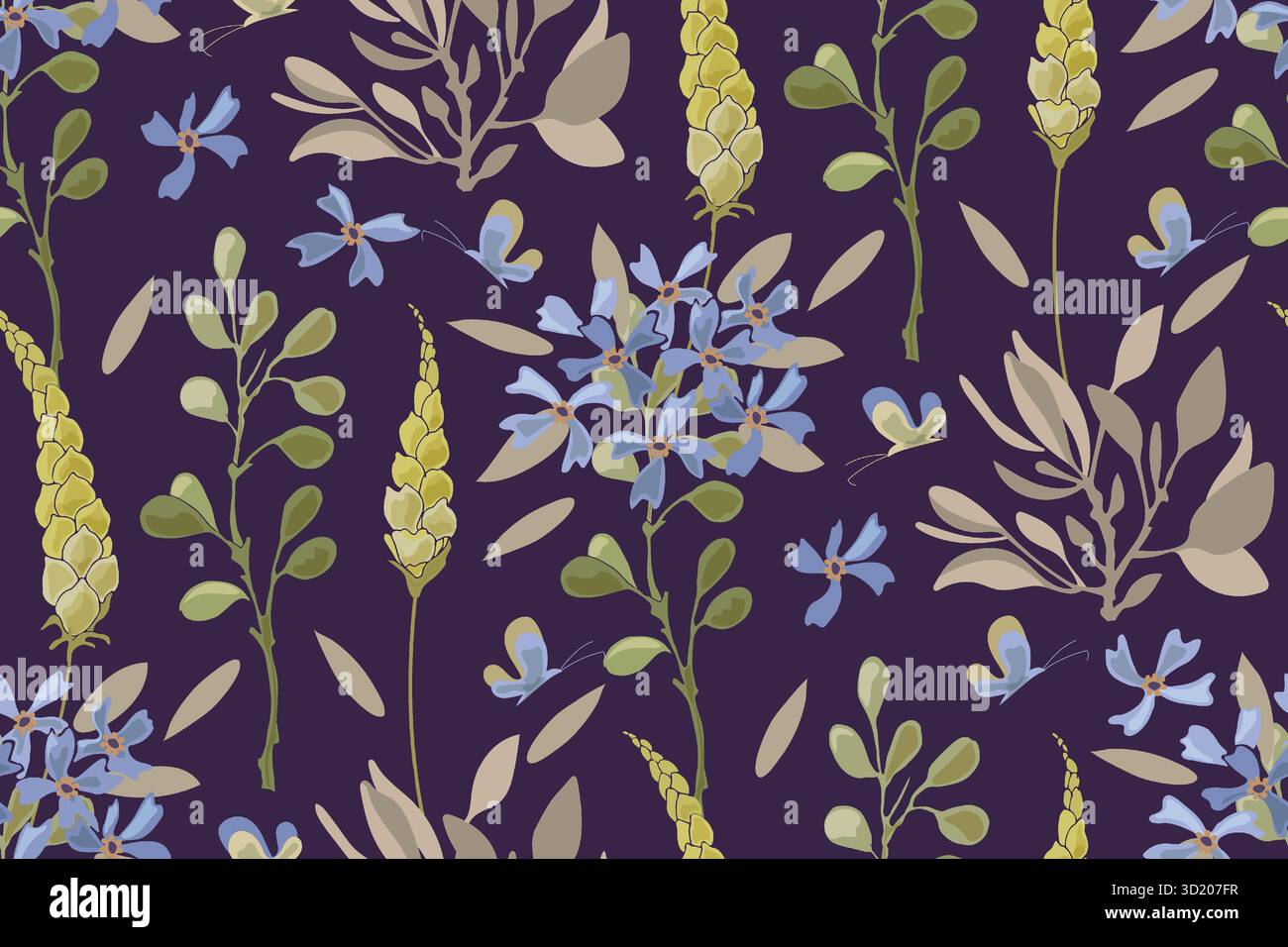 Vector floral seamless pattern with blue flowers and butterflies Stock Vector