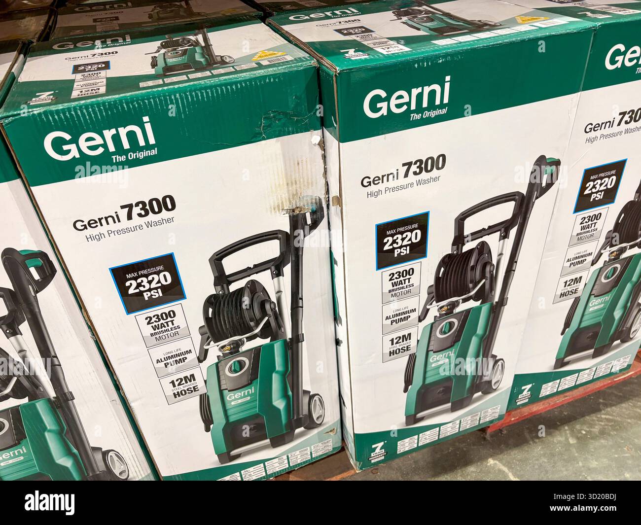 Gerni 7300 high pressure washer with 2320 PSI for sale in an Australian Bunnings warehouse store in Sydney, exclusive to Bunnings - Smartphone Captured Stock Image