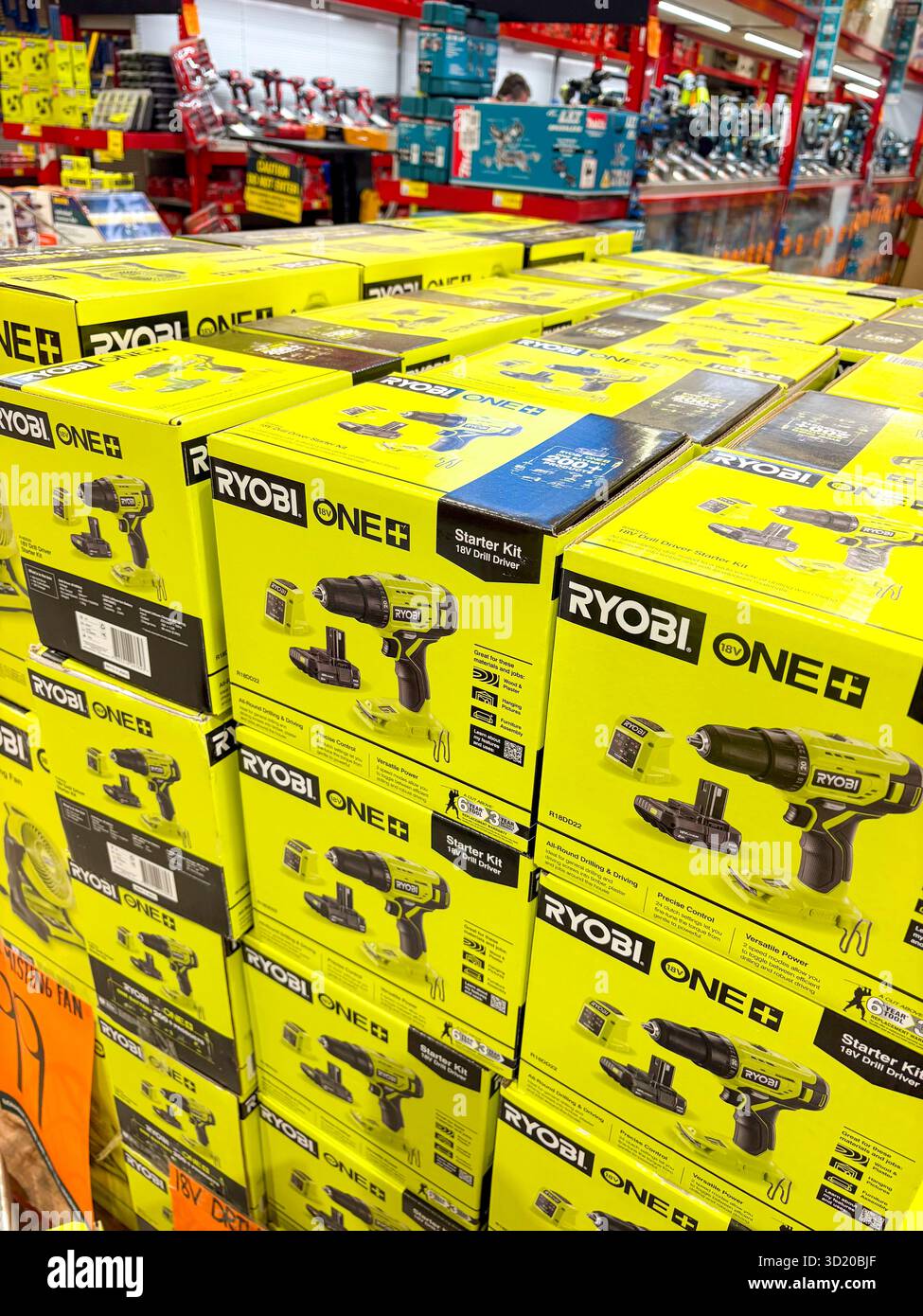 Bunnings warehouse store, Ryobi One + 18V power tool drill driver kit with battery included for sale,Sydney,Australia - Smartphone Captured Stock Image