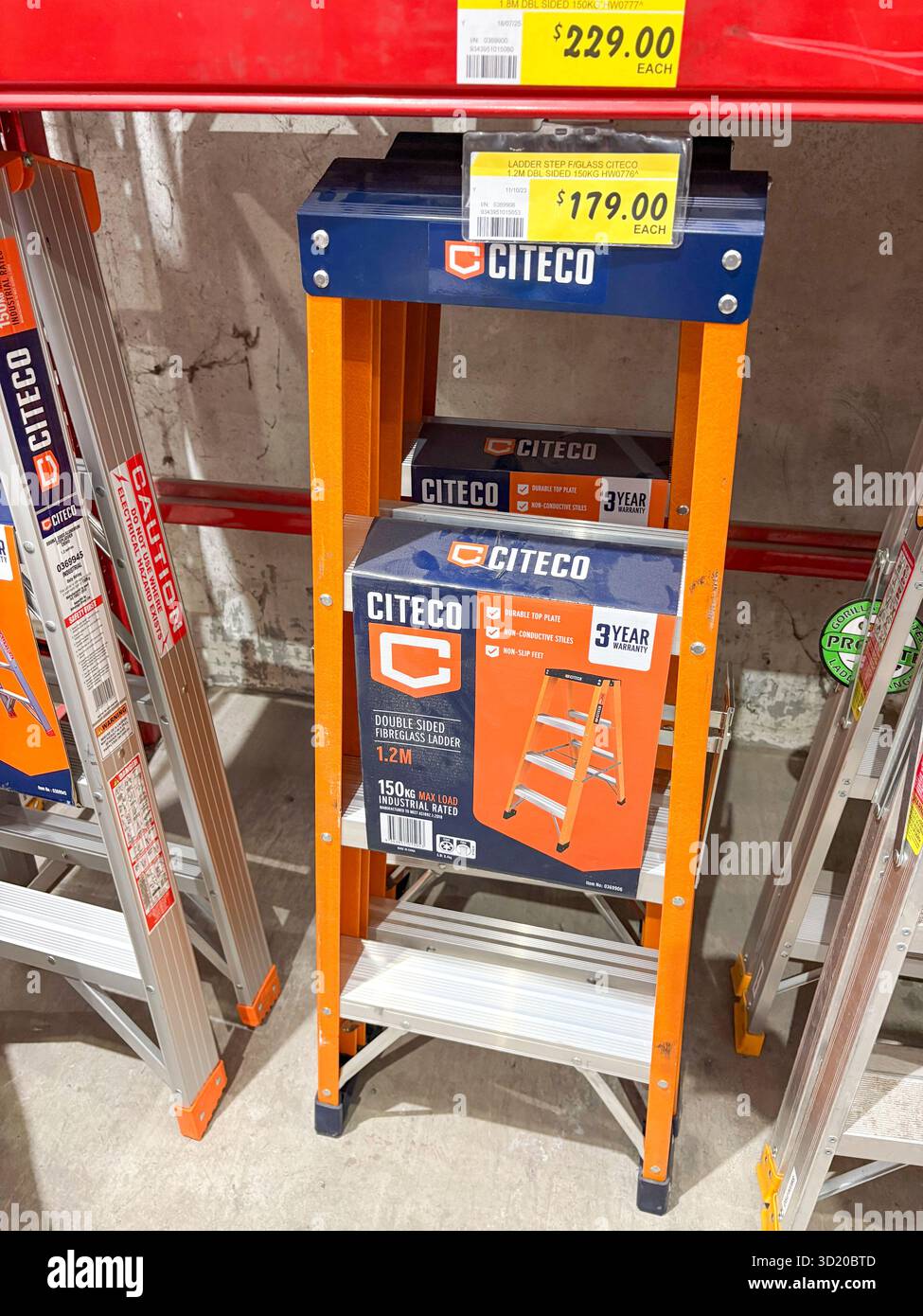 Bunnings warehouse store, own brand Citeco double sided step ladders rated to 150kg for sale in store,Sydney,NSW,Australia - Smartphone Captured Stock Image