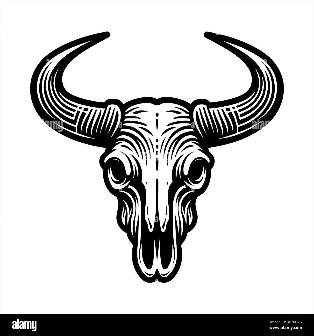 Black and White Vector Illustration of a Bull Skull featuring bold ...