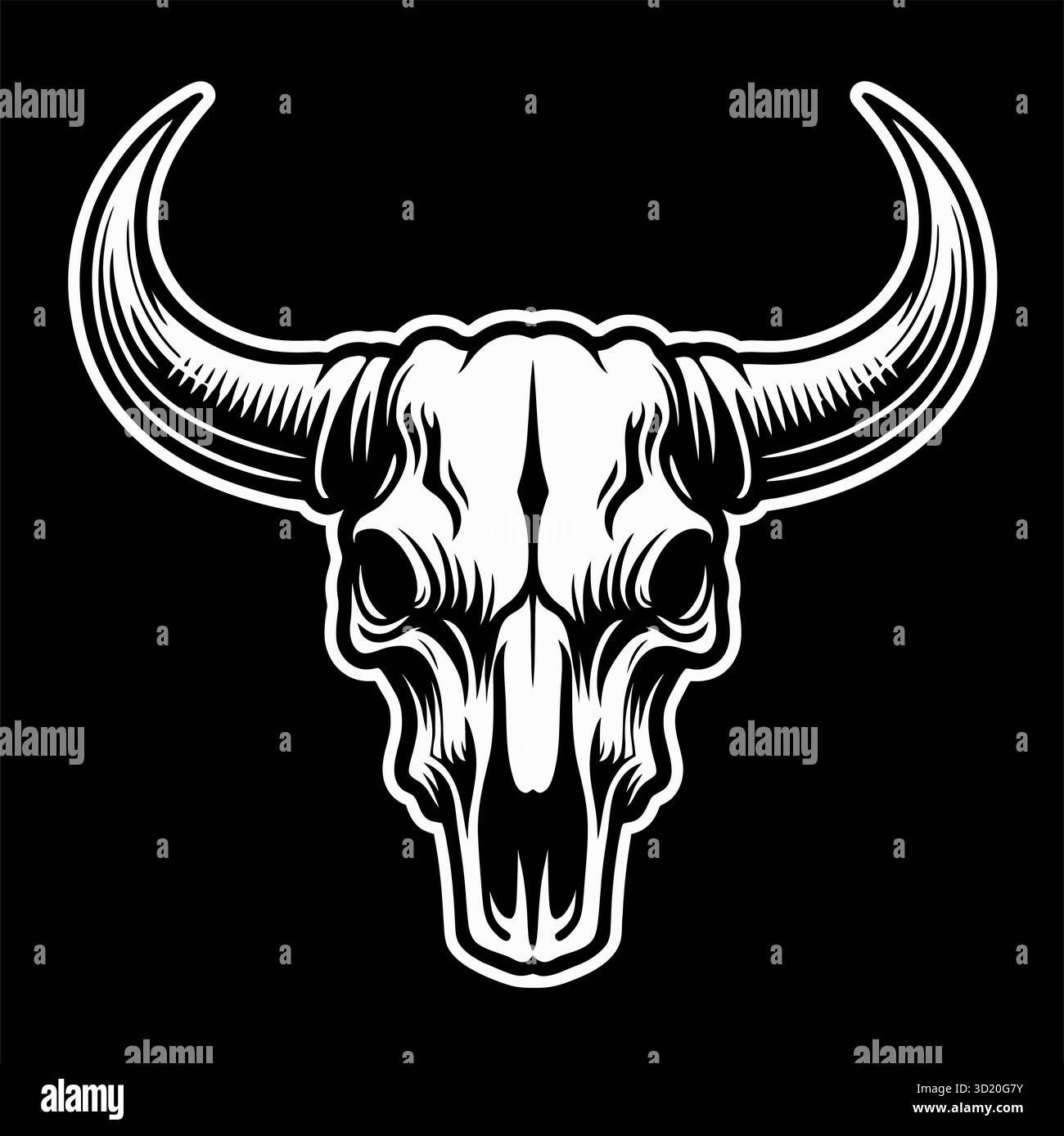 Black and White Vector Illustration of a Bull Skull featuring bold ...