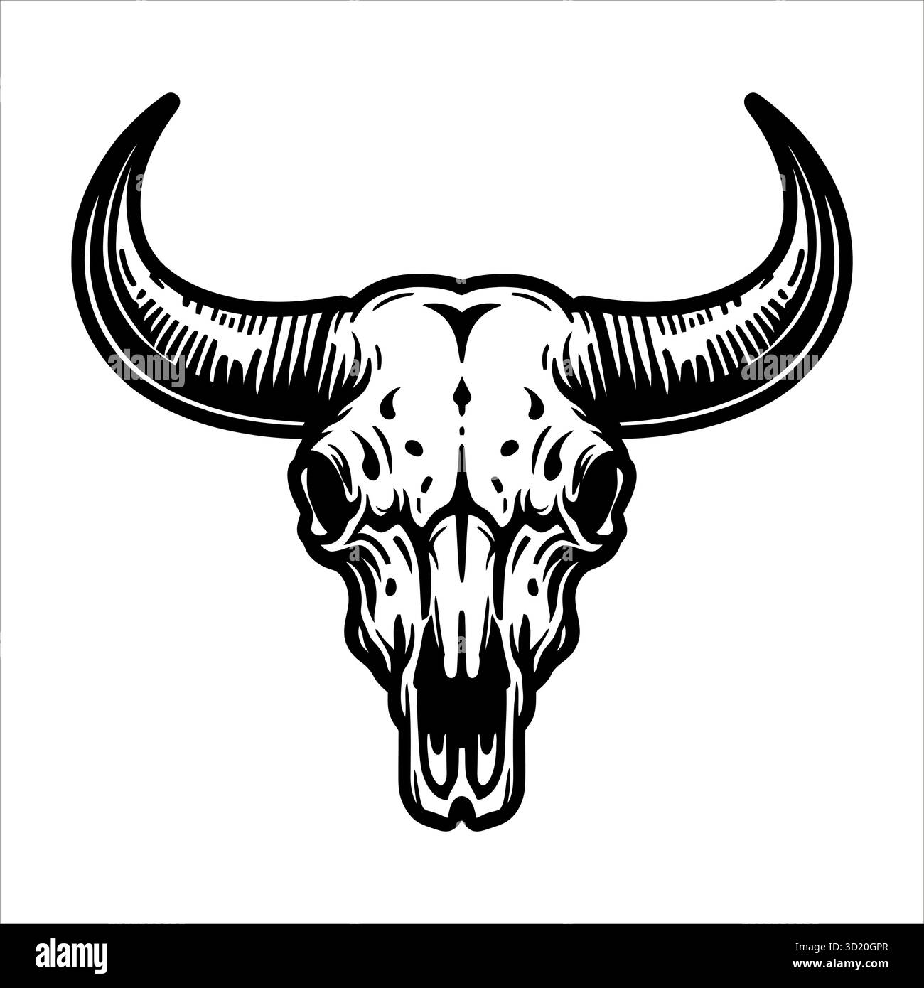 Black and White Vector Illustration of a Bull Skull featuring bold, clean lines and rustic details. Stock Vector