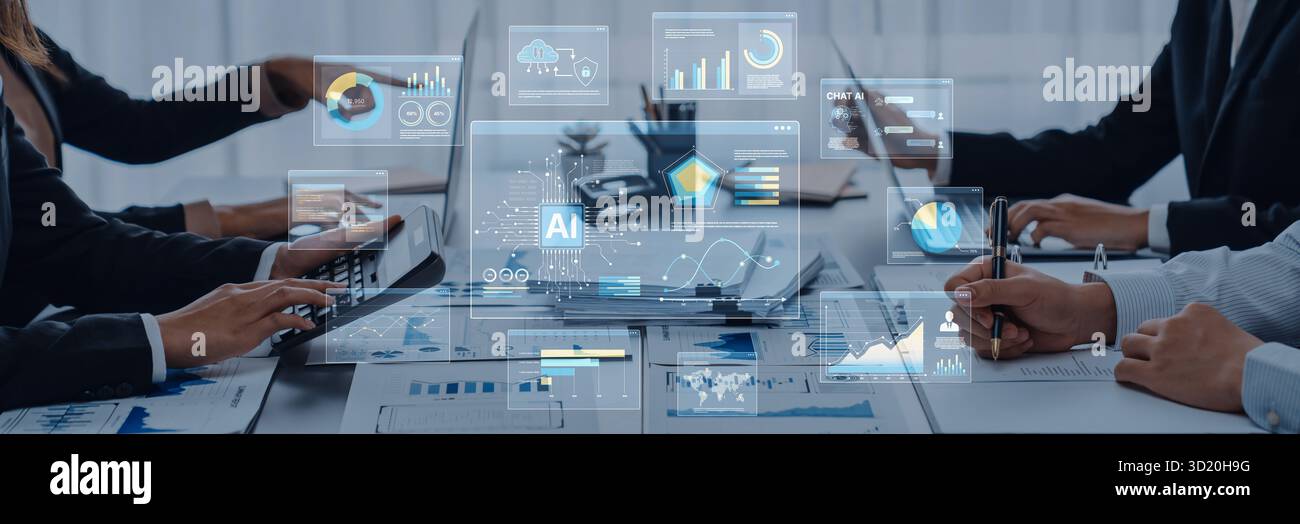 Group of professionals engaged in a business meeting focused on digital ...