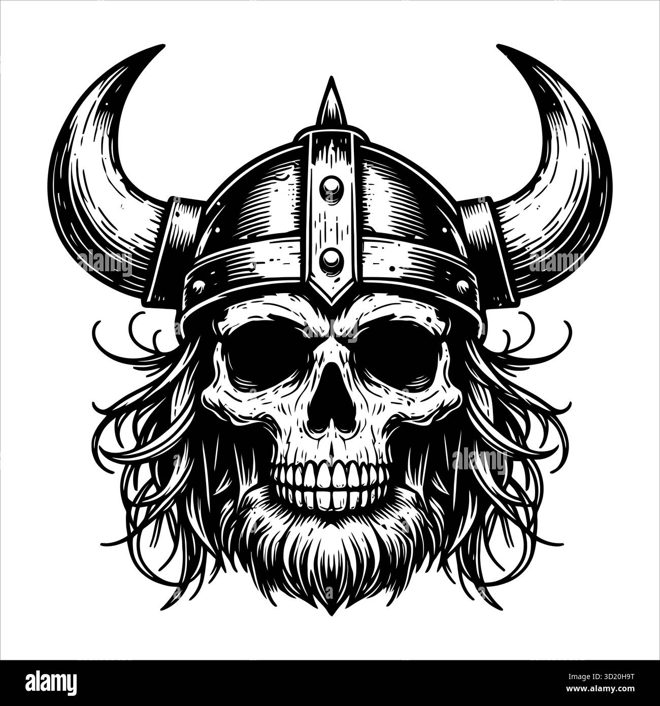 Skull with Viking Helmet black and white vector illustration featuring ...