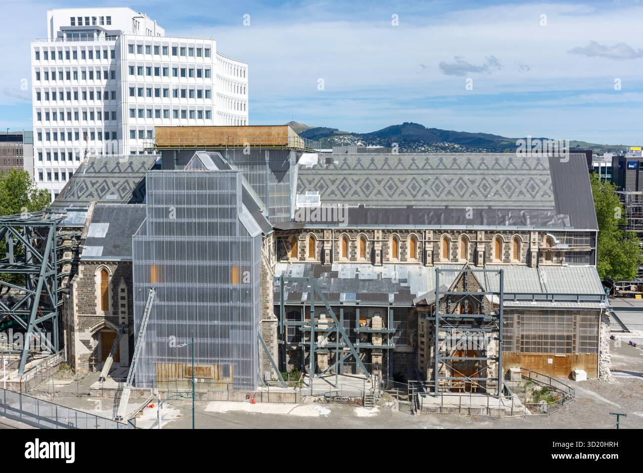 ChristChurch Cathedral renovation from Tūranga Library terrace, Christchurch Central City, Christchurch (Ōtautahi), Canterbury Region, New Zealand Stock Photo