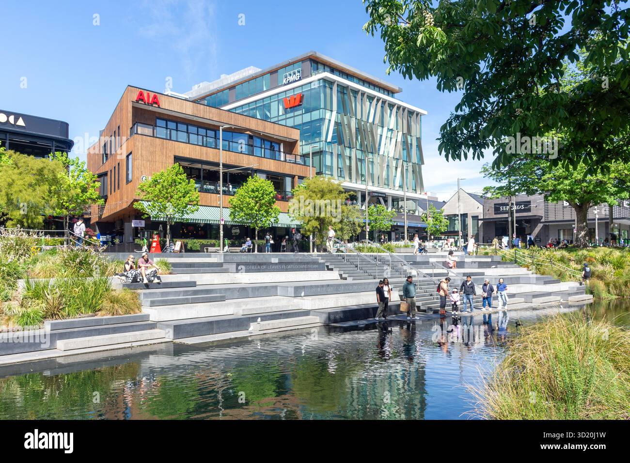 Avon River Terraced Seating, Oxford Terrace, Christchurch Central City, Christchurch (Ōtautahi), Canterbury Region, New Zealand Stock Photo