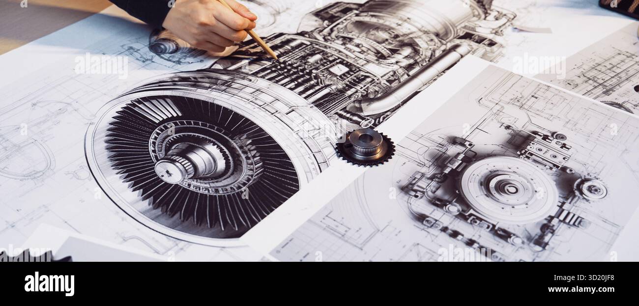 A workshop scene showcasing an intricate engine blueprint with various ...