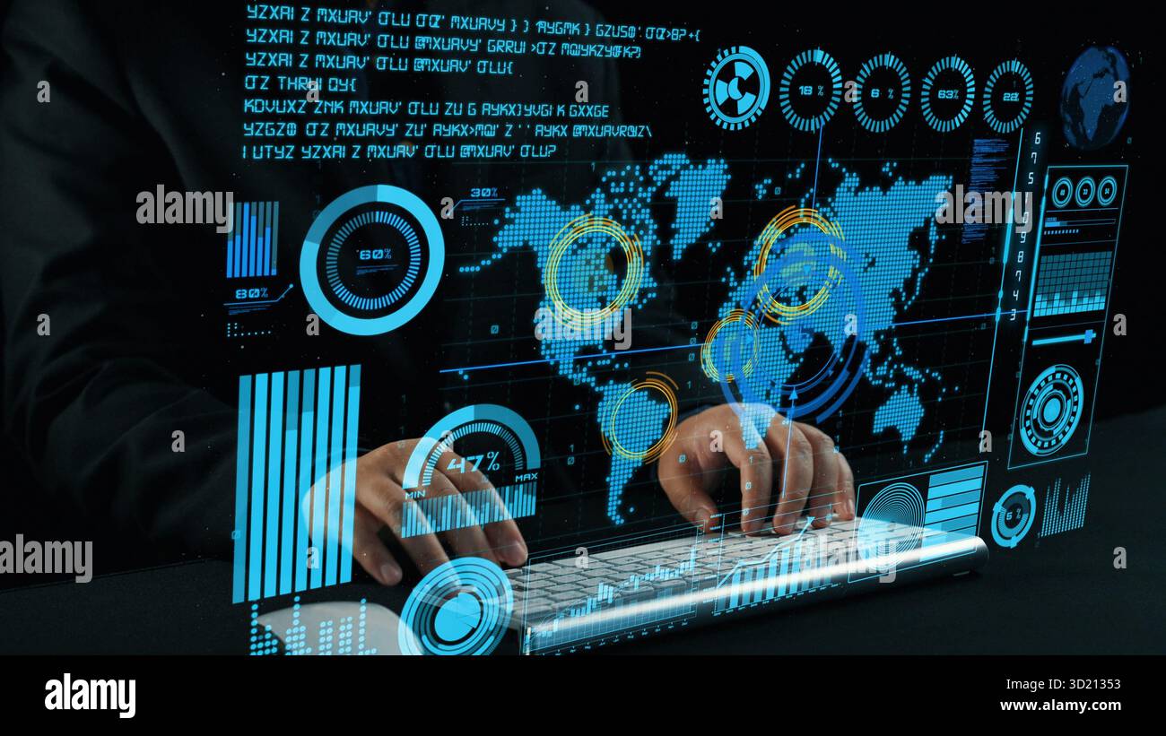 A professional hands-on digital keyboard interact with advanced data analytics interface displaying compelling graphs, statistics, and a world map for Stock Photo
