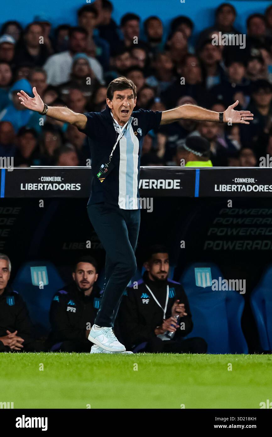 Buenos Aires, Argentina - October 29: Gustavo Costas of Racing Club  gestures during the Copa CONMEBOL Libertadores 2025 Semi-final match  between Racing Club and Flamengo at Presidente Peron Stadium on October 29,