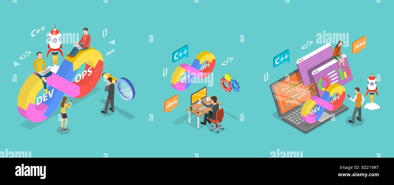 3D Isometric Flat Illustration of DevOps, Streamlineing Development And ...