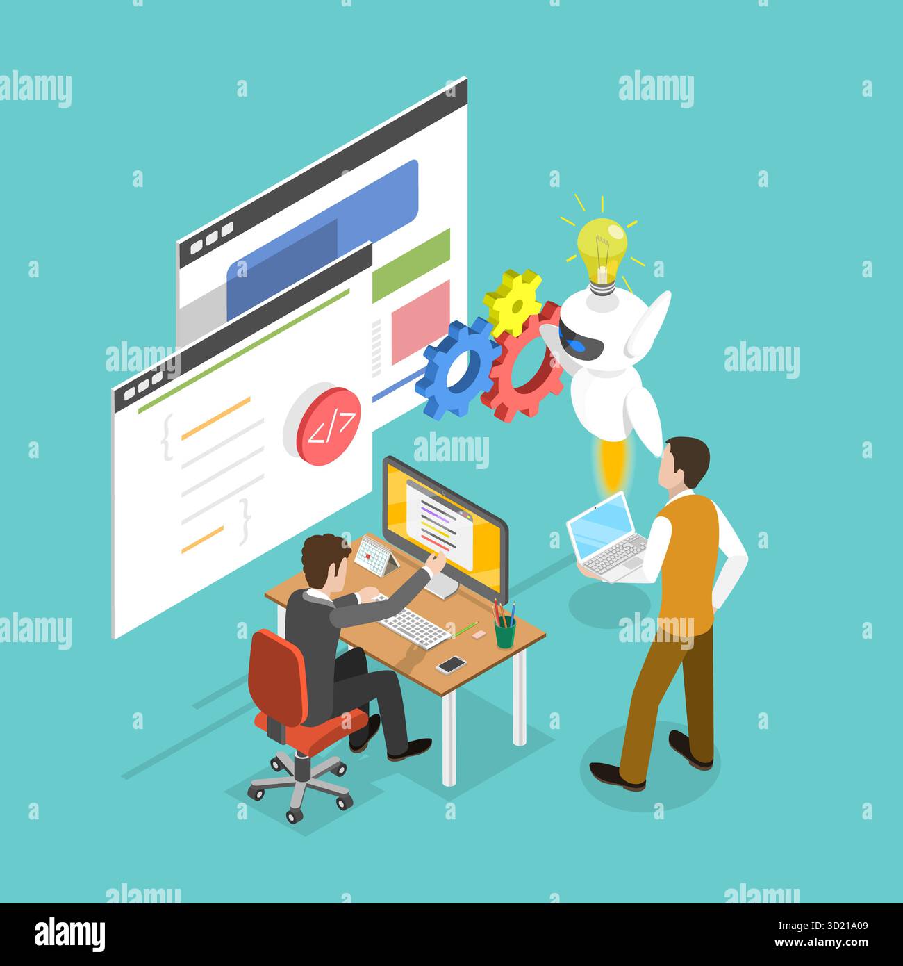3D Isometric Flat Illustration of Programming, Chatbot Assistant Stock Photo
