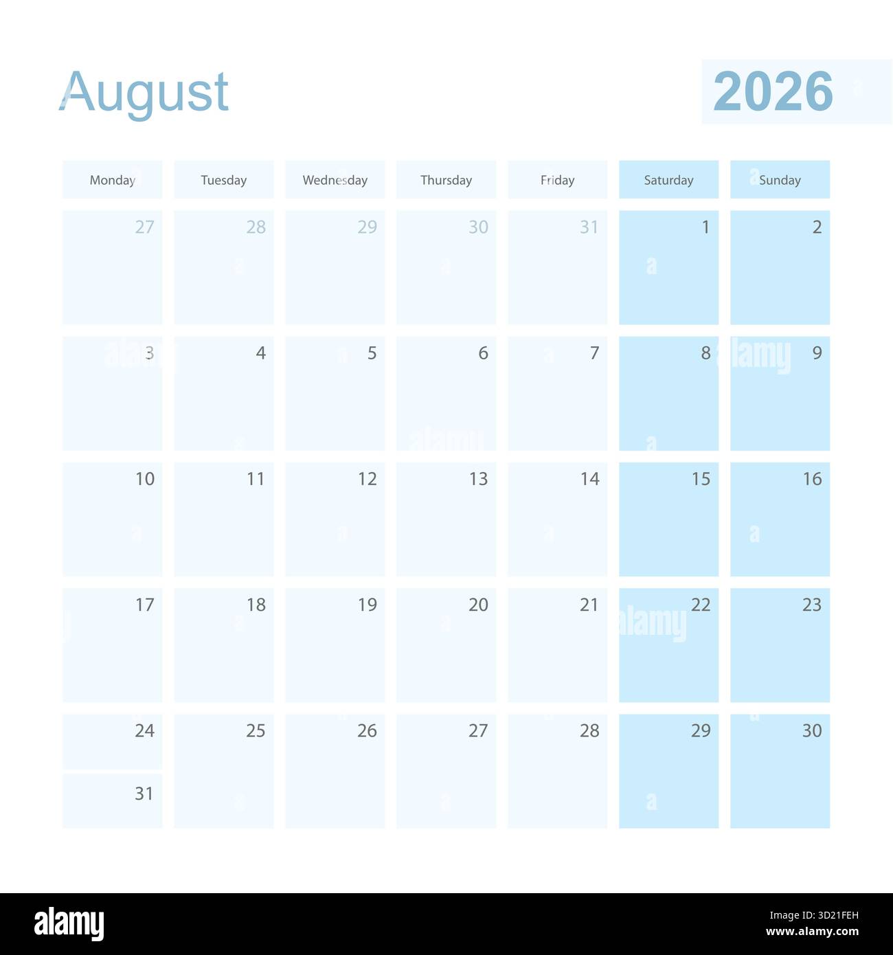 2026 August wall planner in blue pastel color, week starts on Monday ...